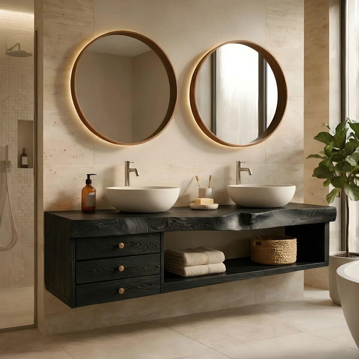 Floating Solid Wood Double Sink Bathroom Vanity with 3 Drawers and Open Shelf