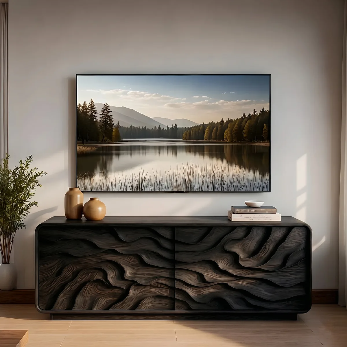Modern Solid Wood Rounded TV Stand with Deep Wavy Sculptural Facade