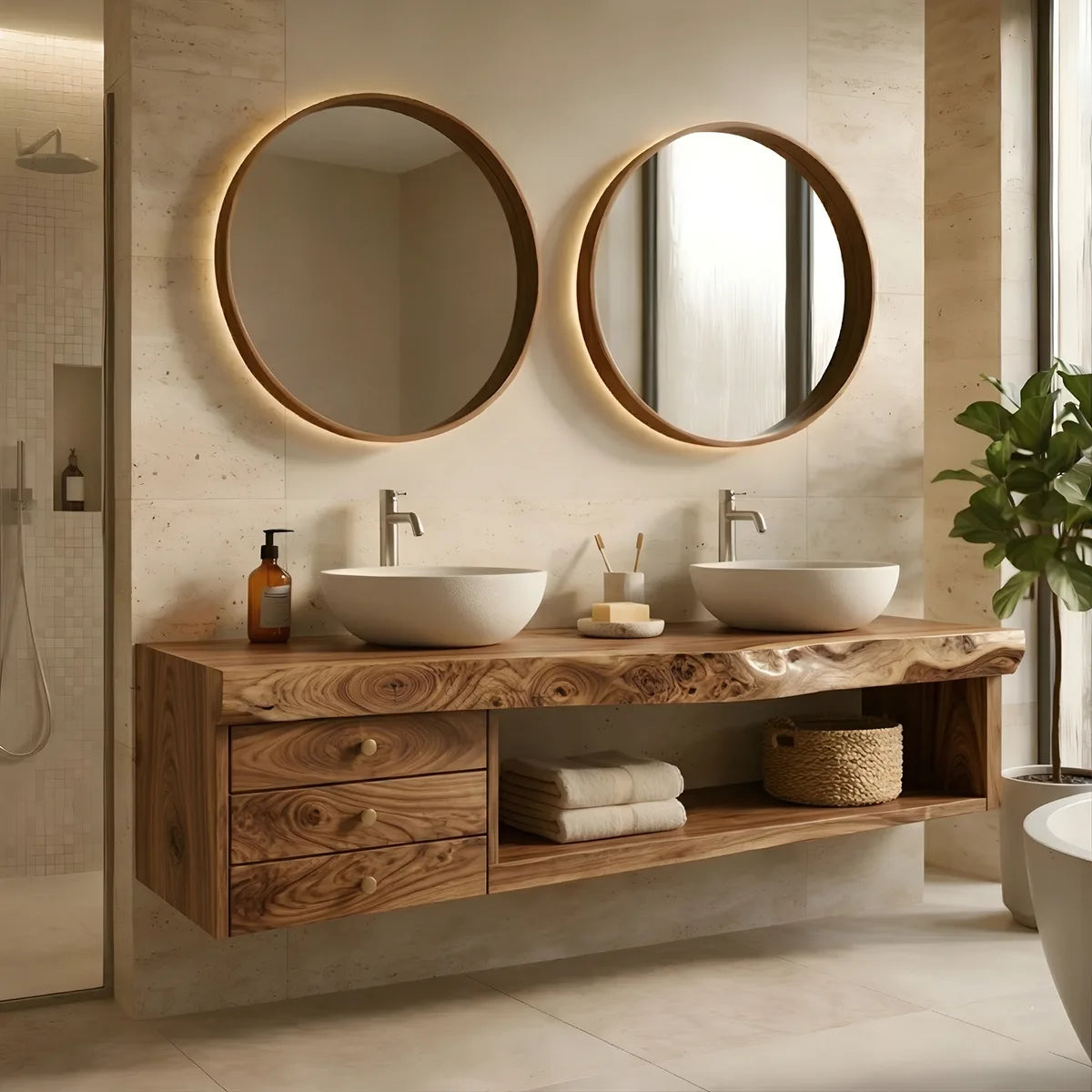 Floating Solid Wood Double Sink Bathroom Vanity with 3 Drawers and Open Shelf