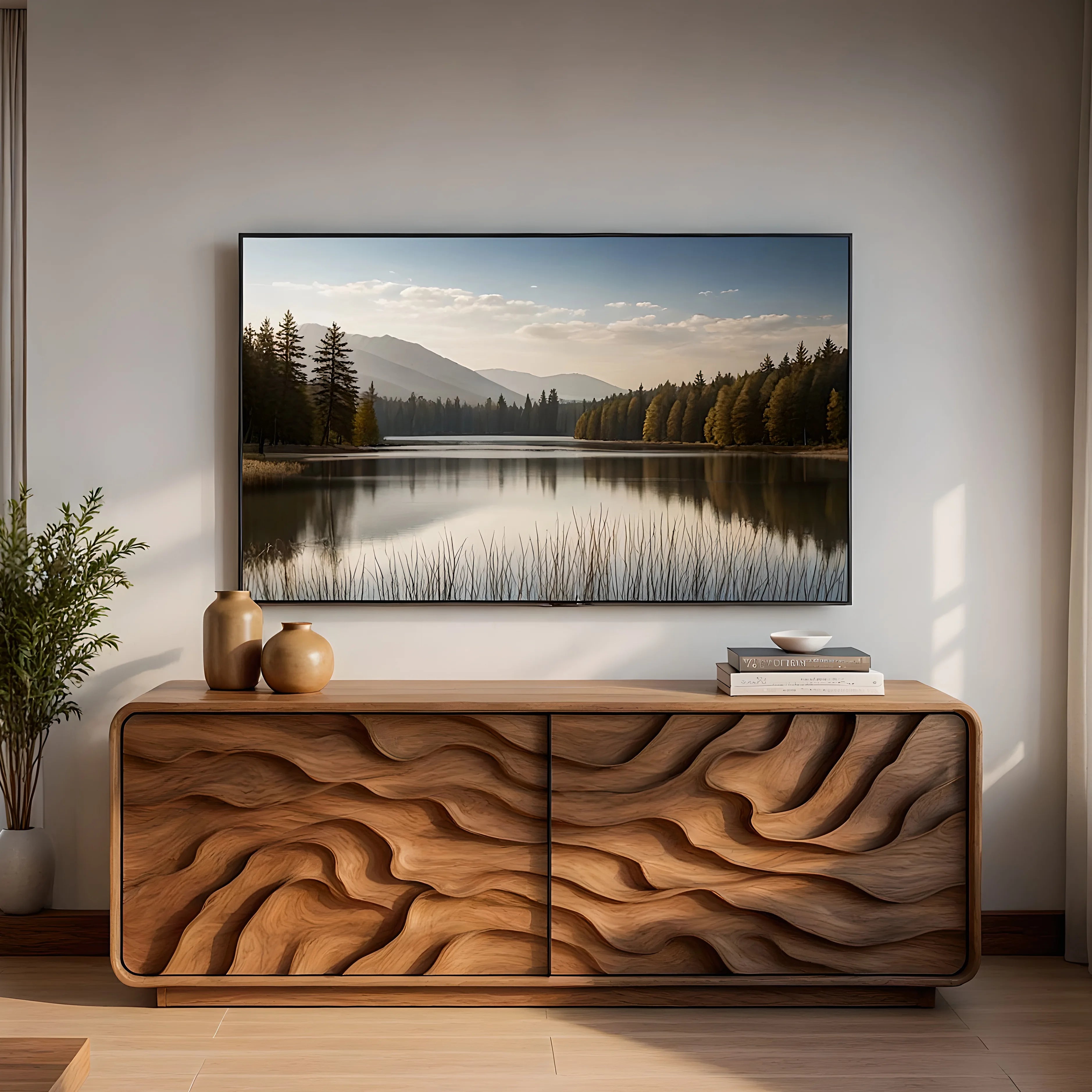 Modern Solid Wood Rounded TV Stand with Deep Wavy Sculptural Facade