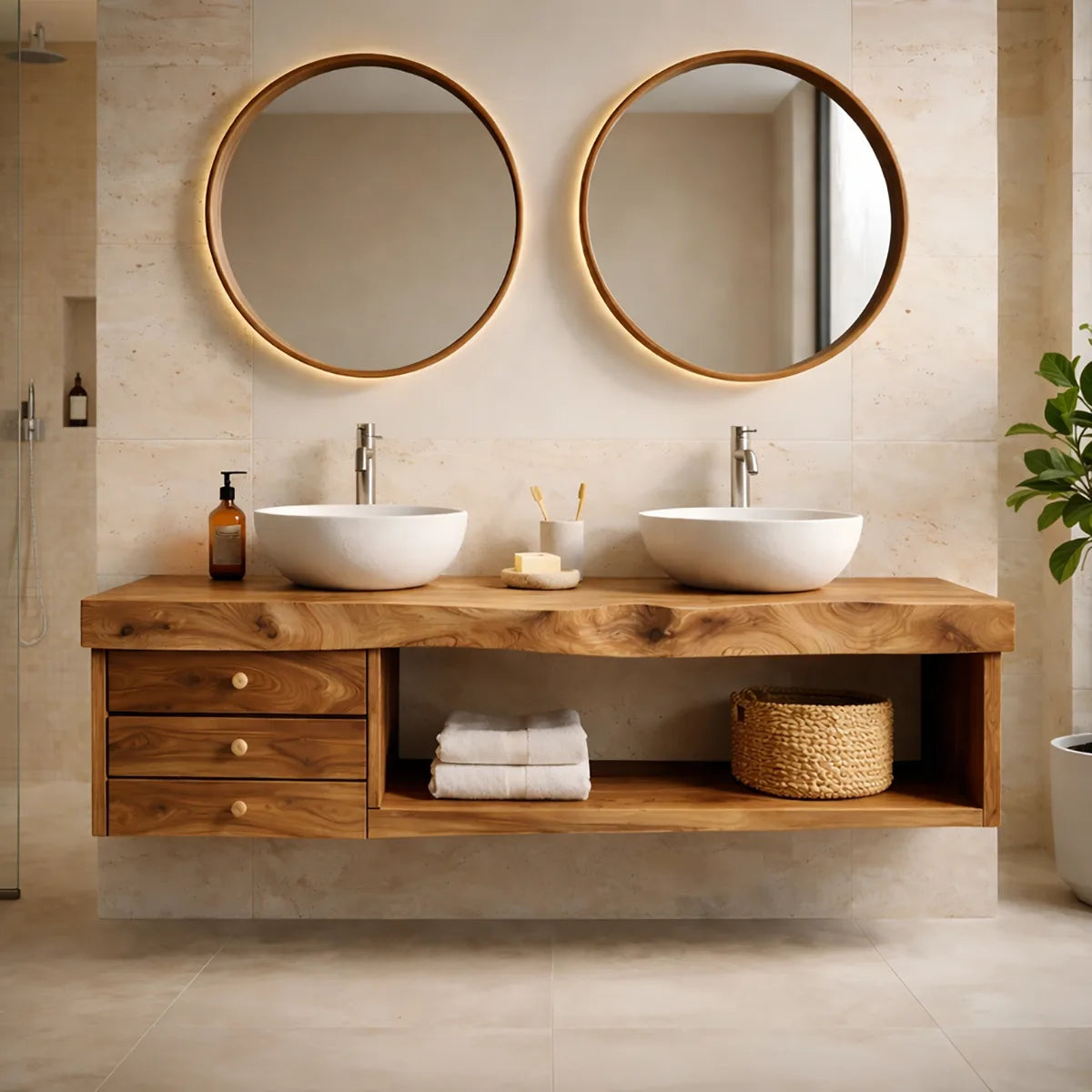 Floating Solid Wood Double Sink Bathroom Vanity with 3 Drawers and Open Shelf