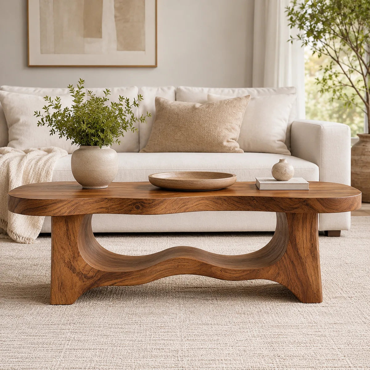 Handcrafted Solid Wood Coffee Table with Sculptural Open Shelf TT006-4759