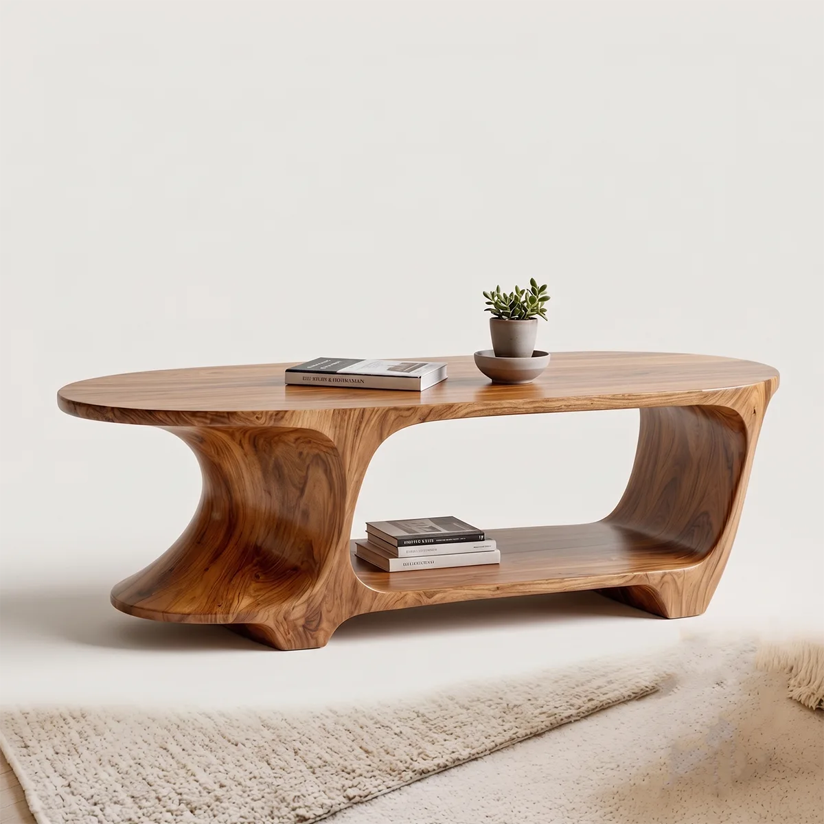 Oval Coffee Table with Storage Shelf | Handcrafted Solid Wood Center Table TT006-2530