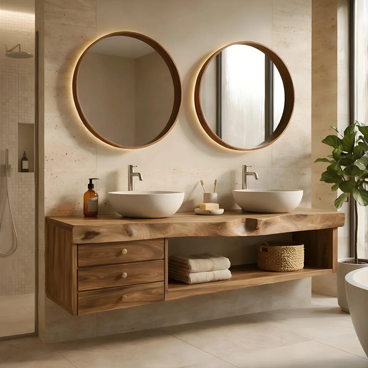 Floating Solid Wood Double Sink Bathroom Vanity with 3 Drawers and Open Shelf