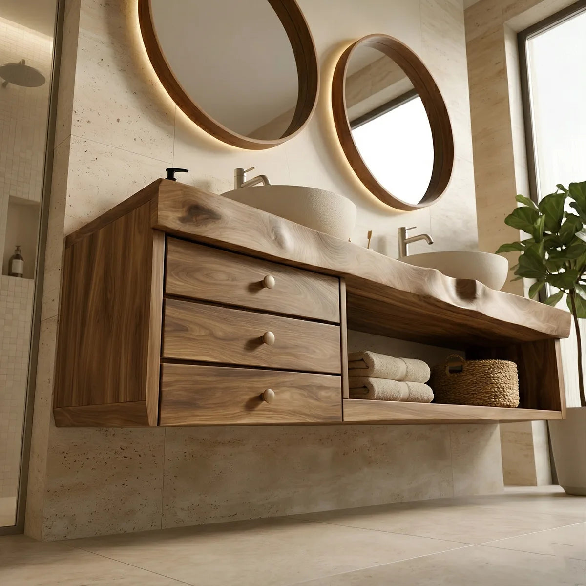 Floating Solid Wood Double Sink Bathroom Vanity with 3 Drawers and Open Shelf
