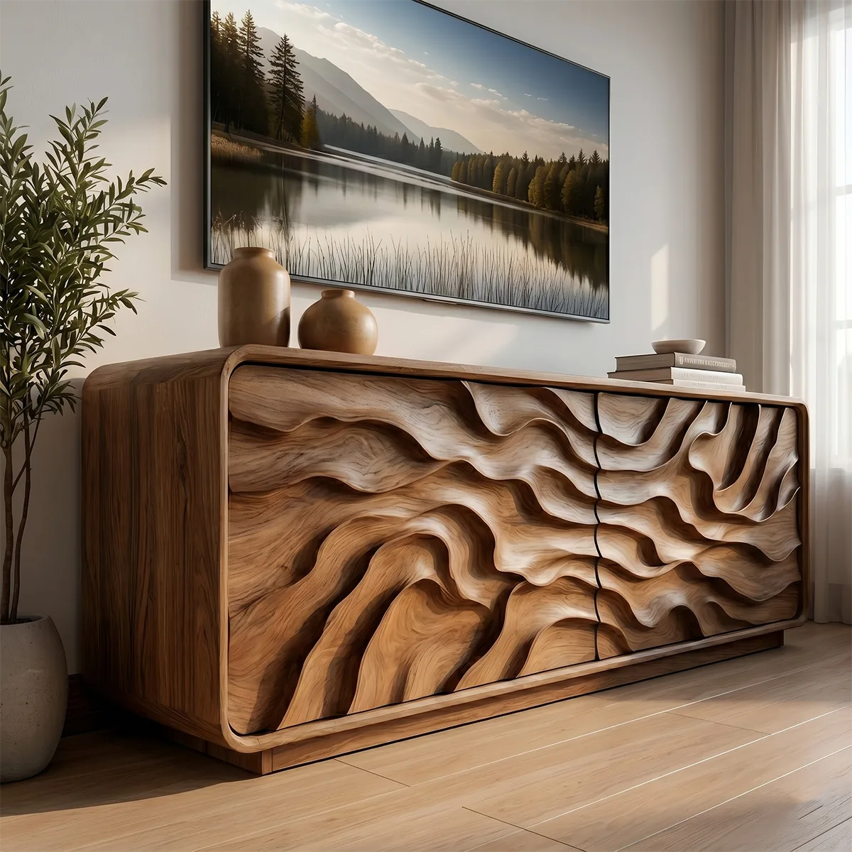 Modern Solid Wood Rounded TV Stand with Deep Wavy Sculptural Facade
