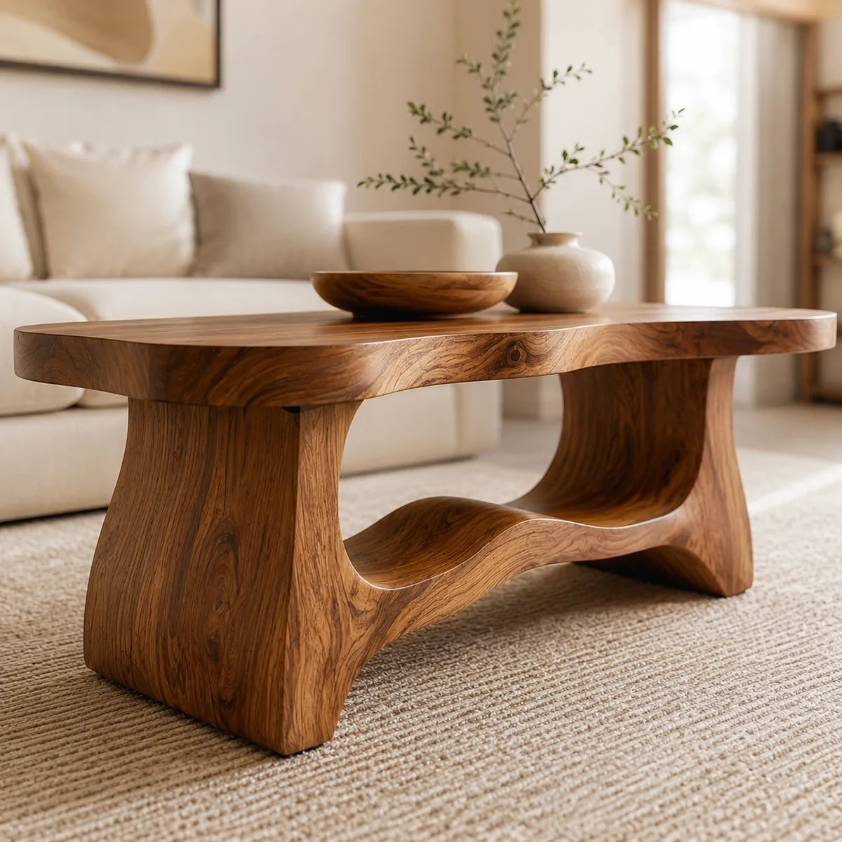 Handcrafted Solid Wood Coffee Table with Sculptural Open Shelf TT006-4759