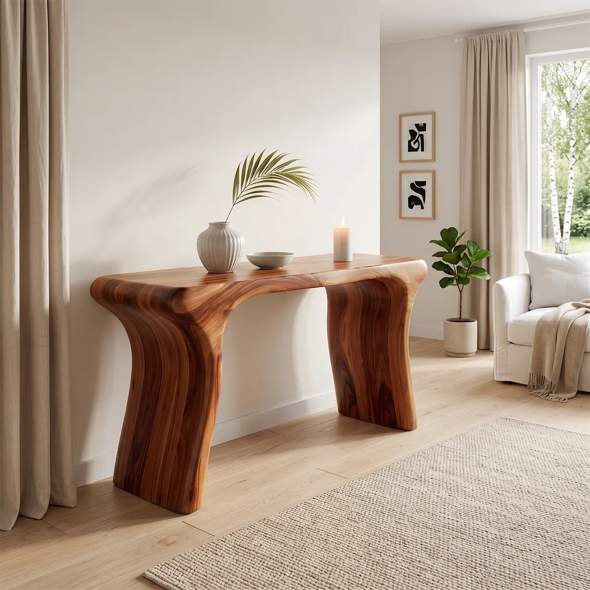 Modern Organic Console Table | Solid Wood Entryway Hallway Accent Table with Curved Waterfall Legs TT006-6928