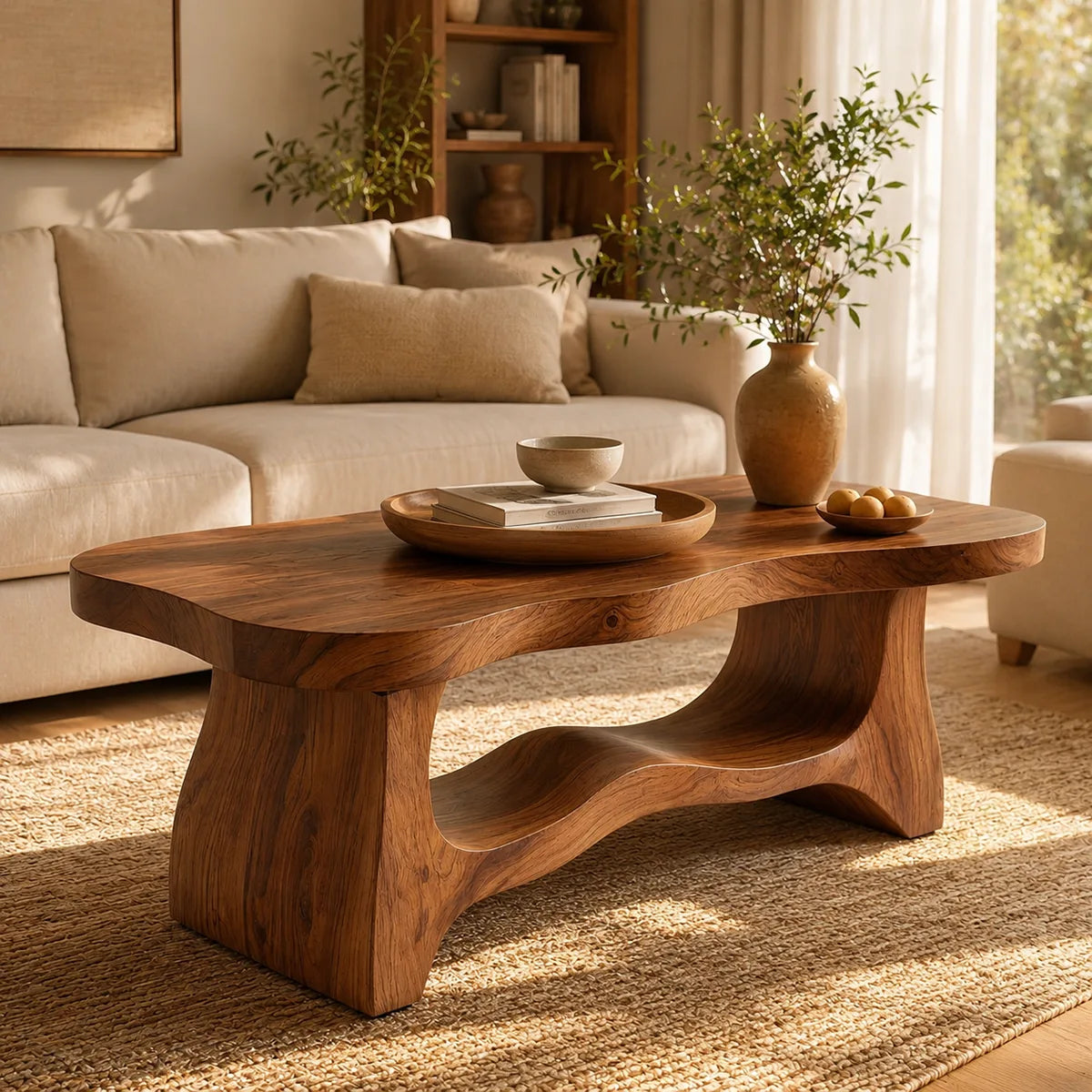 Handcrafted Solid Wood Coffee Table with Sculptural Open Shelf TT006-4759