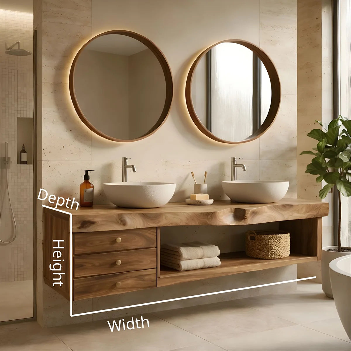 Floating Solid Wood Double Sink Bathroom Vanity with 3 Drawers and Open Shelf