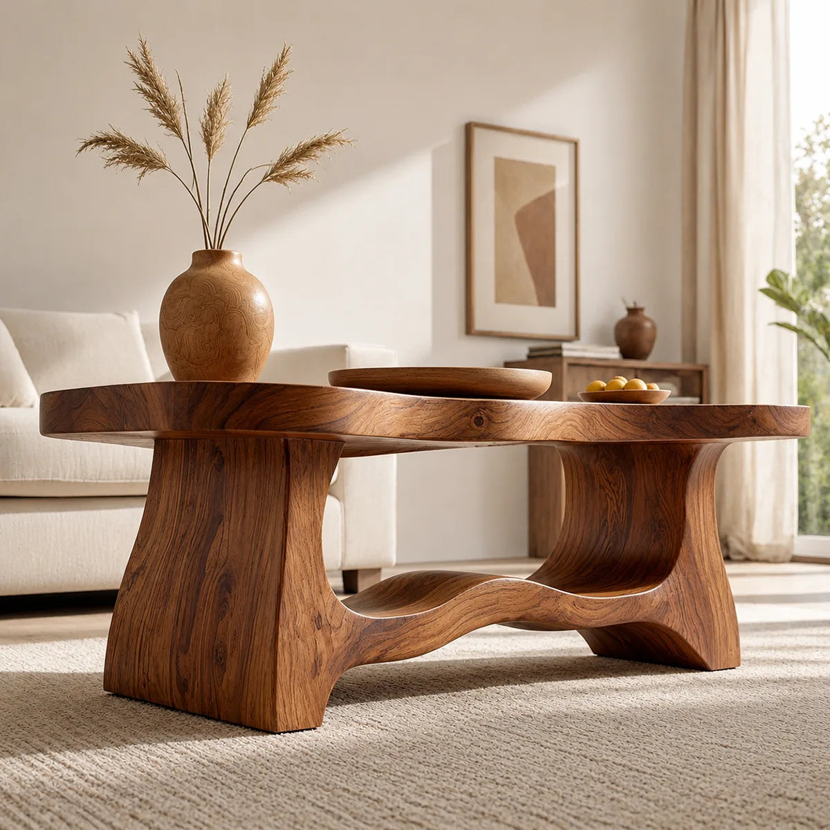 Handcrafted Solid Wood Coffee Table with Sculptural Open Shelf TT006-4759
