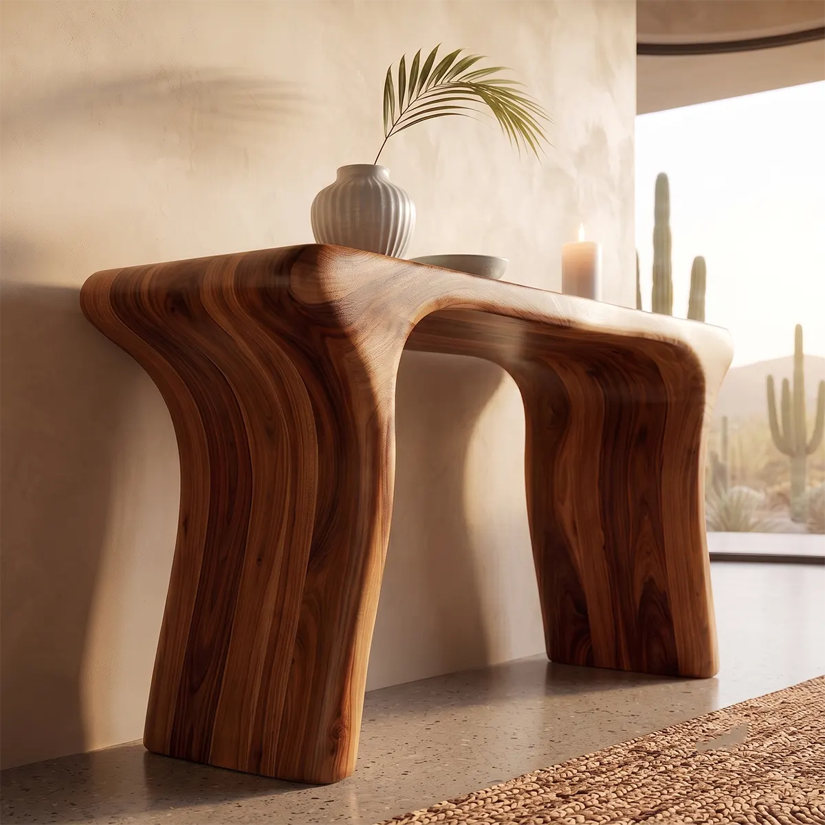 Modern Organic Console Table | Solid Wood Entryway Hallway Accent Table with Curved Waterfall Legs TT006-6928