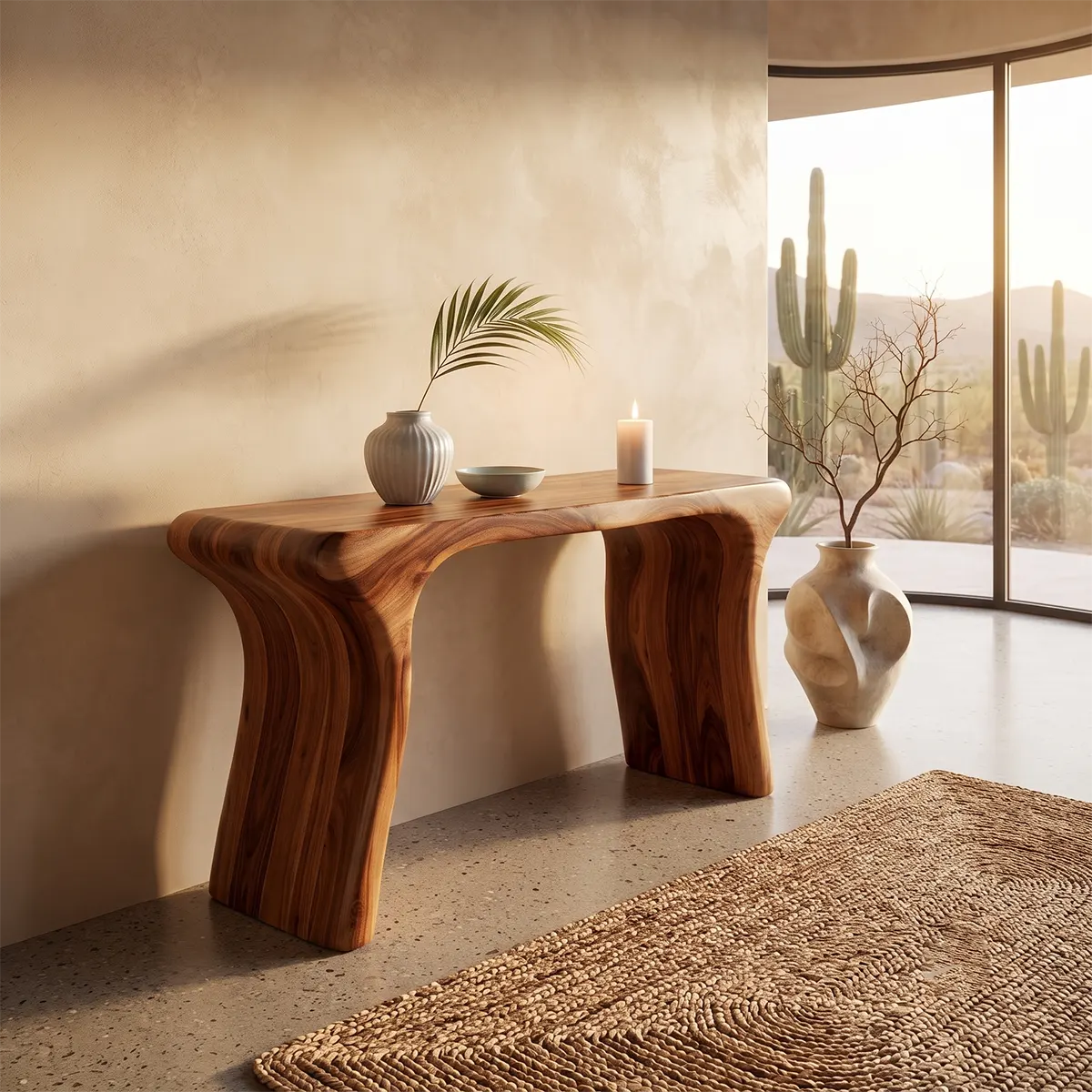 Modern Organic Console Table | Solid Wood Entryway Hallway Accent Table with Curved Waterfall Legs TT006-6928