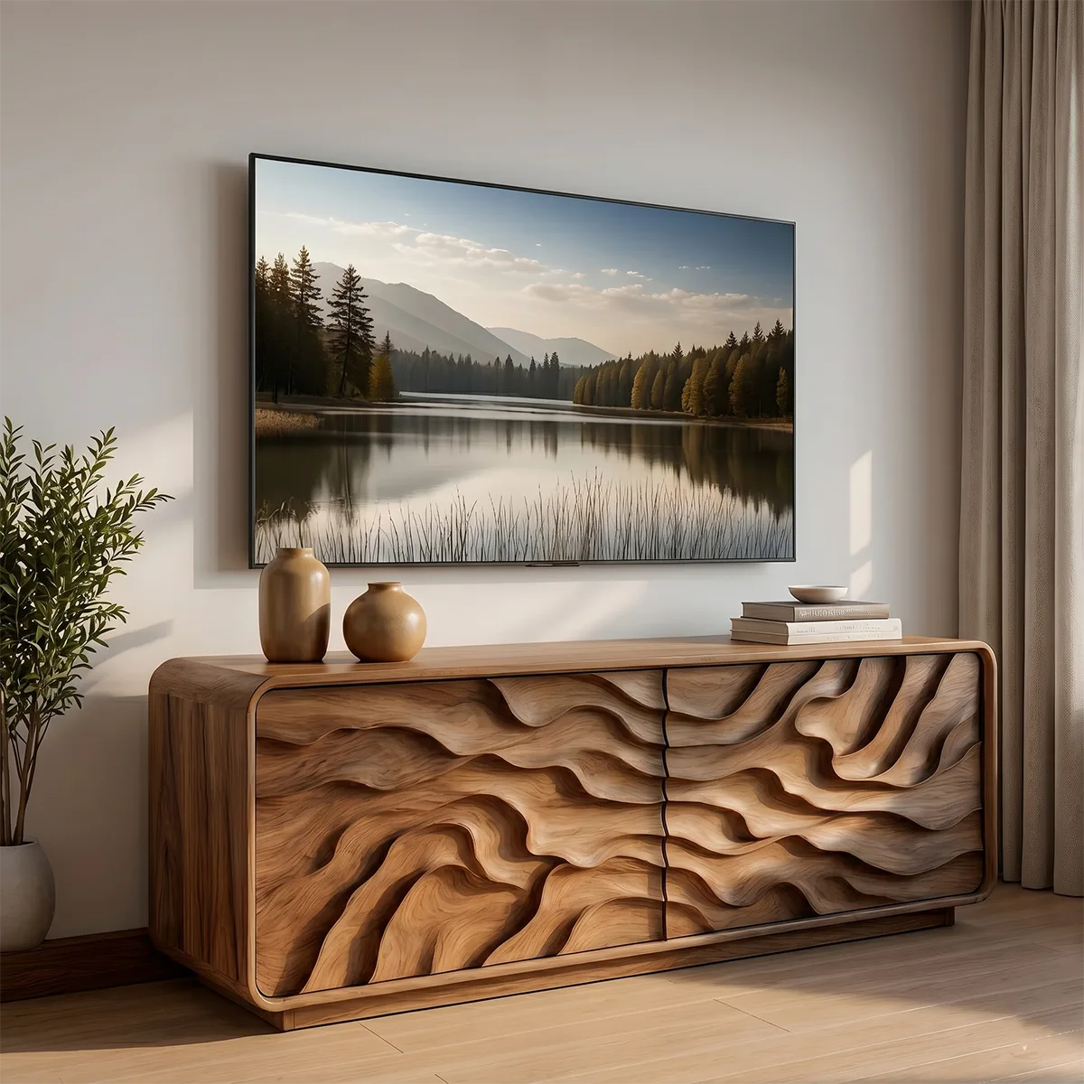 Modern Solid Wood Rounded TV Stand with Deep Wavy Sculptural Facade