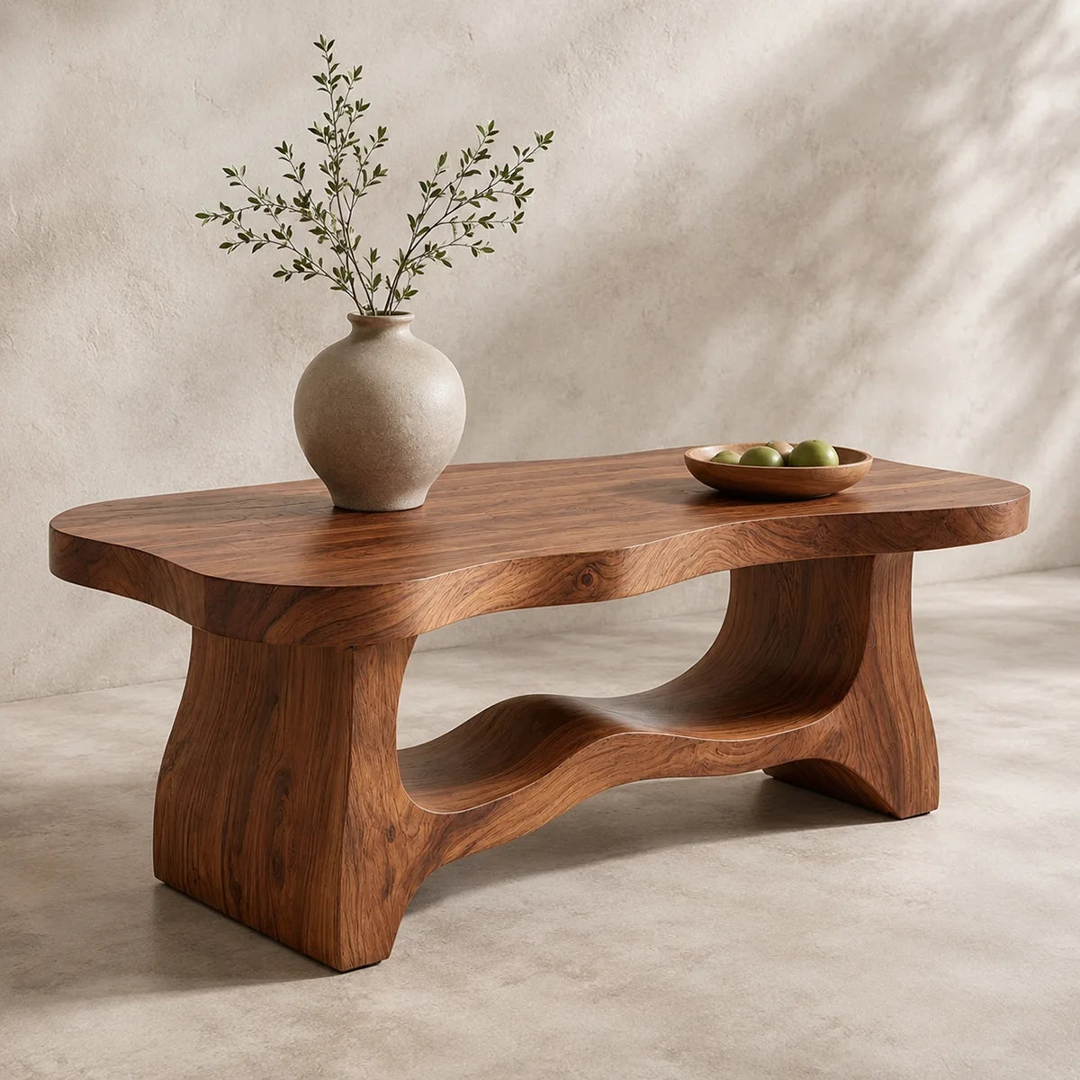 Handcrafted Solid Wood Coffee Table with Sculptural Open Shelf TT006-4759