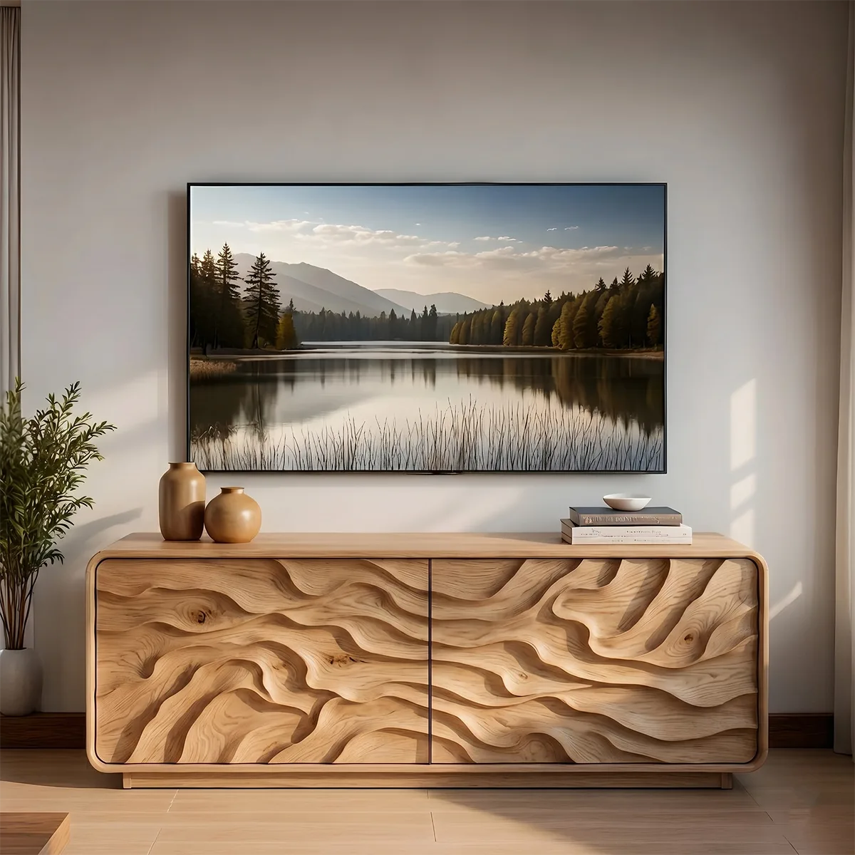 Modern Solid Wood Rounded TV Stand with Deep Wavy Sculptural Facade