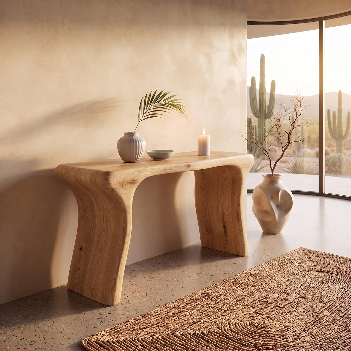 Modern Organic Console Table | Solid Wood Entryway Hallway Accent Table with Curved Waterfall Legs TT006-6928