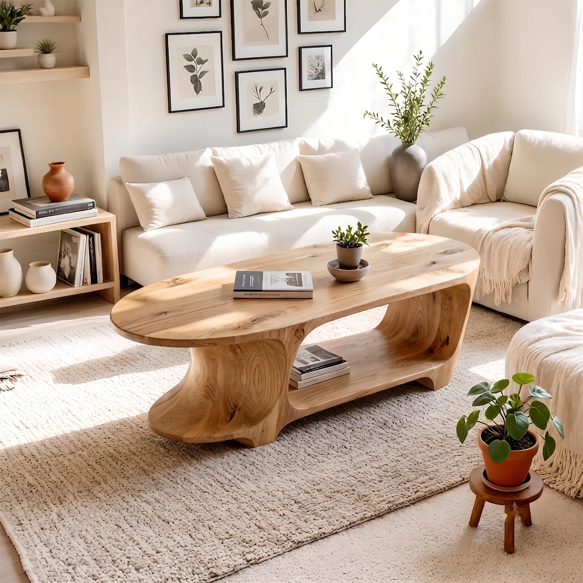 Oval Coffee Table with Storage Shelf | Handcrafted Solid Wood Center Table TT006-2530