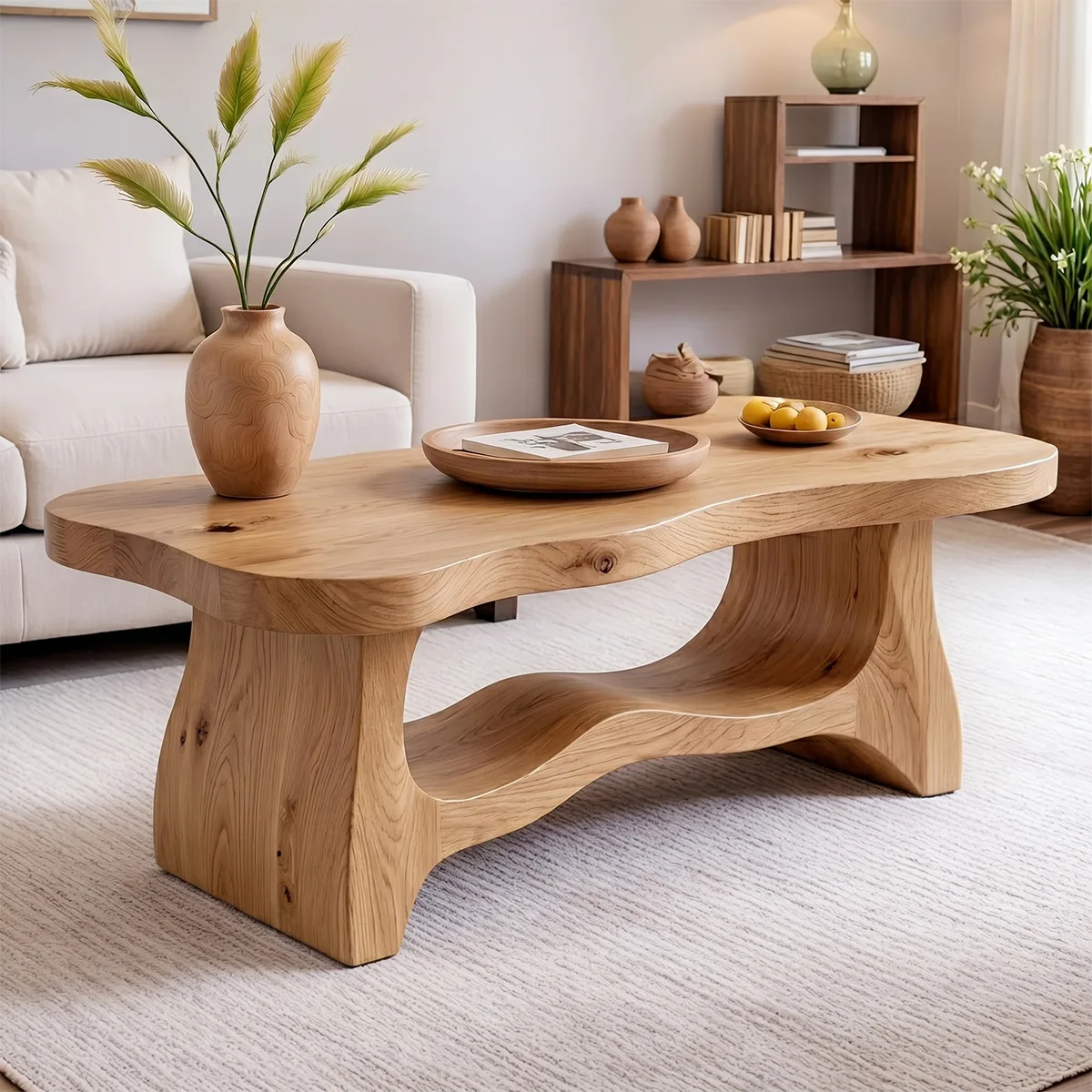Handcrafted Solid Wood Coffee Table with Sculptural Open Shelf TT006-4759