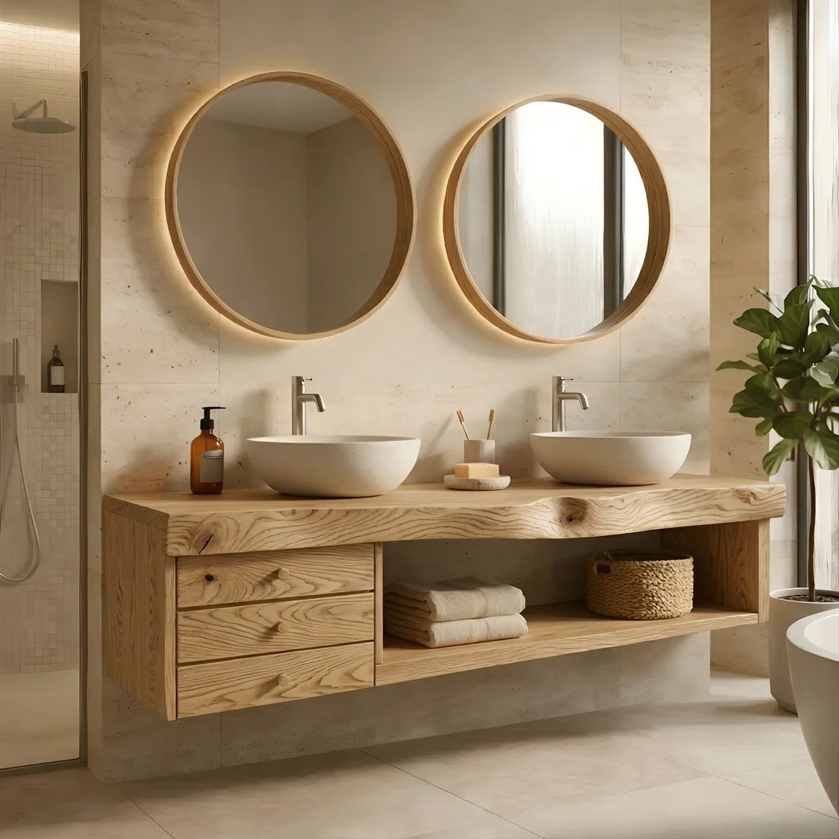 Floating Solid Wood Double Sink Bathroom Vanity with 3 Drawers and Open Shelf