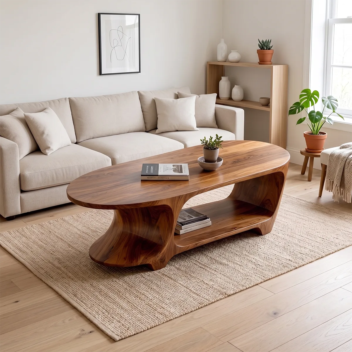 Oval Coffee Table with Storage Shelf | Handcrafted Solid Wood Center Table TT006-2530