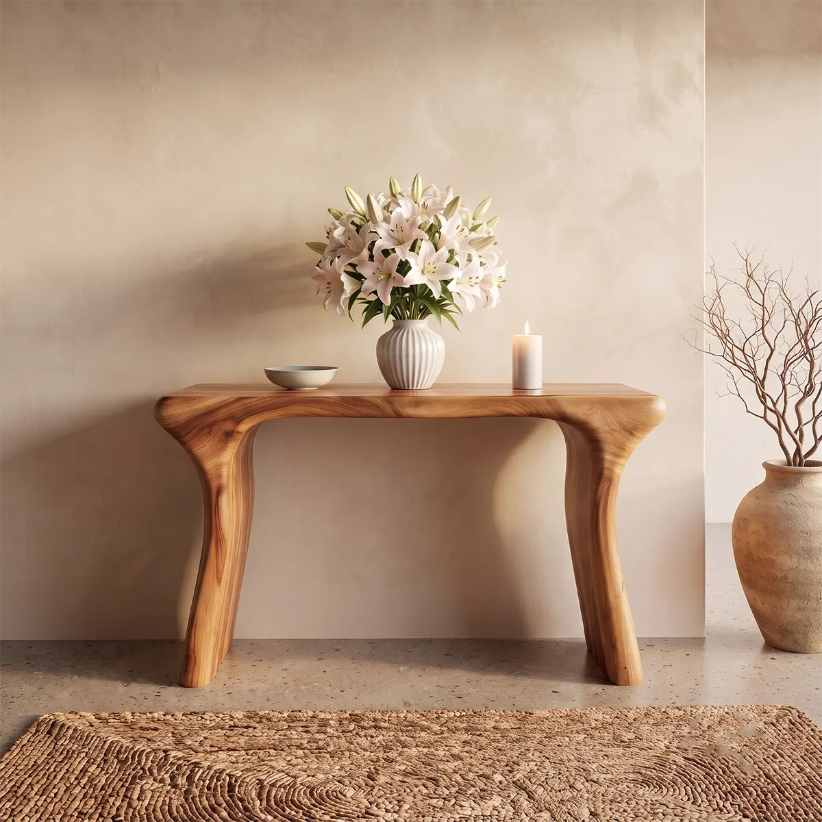 Modern Organic Console Table | Solid Wood Entryway Hallway Accent Table with Curved Waterfall Legs TT006-6928
