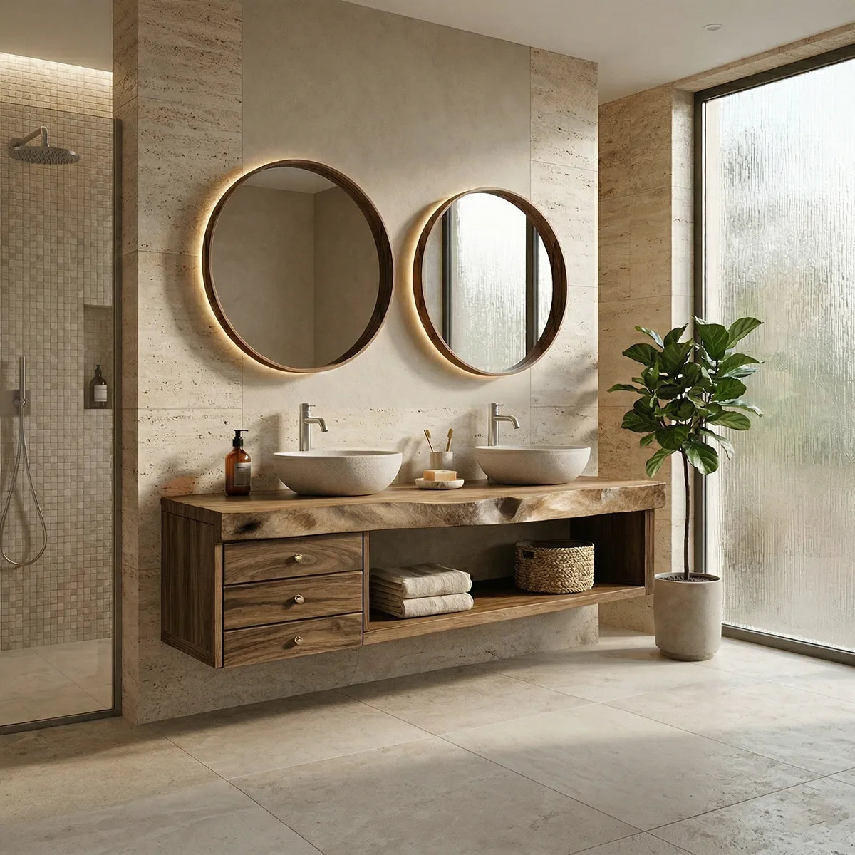 Floating Solid Wood Double Sink Bathroom Vanity with 3 Drawers and Open Shelf