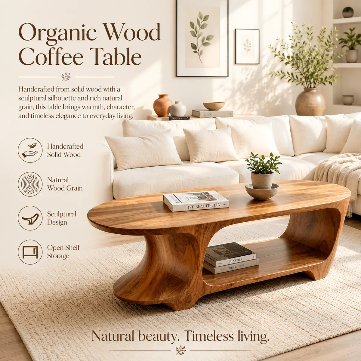 Oval Coffee Table with Storage Shelf | Handcrafted Solid Wood Center Table TT006-2530