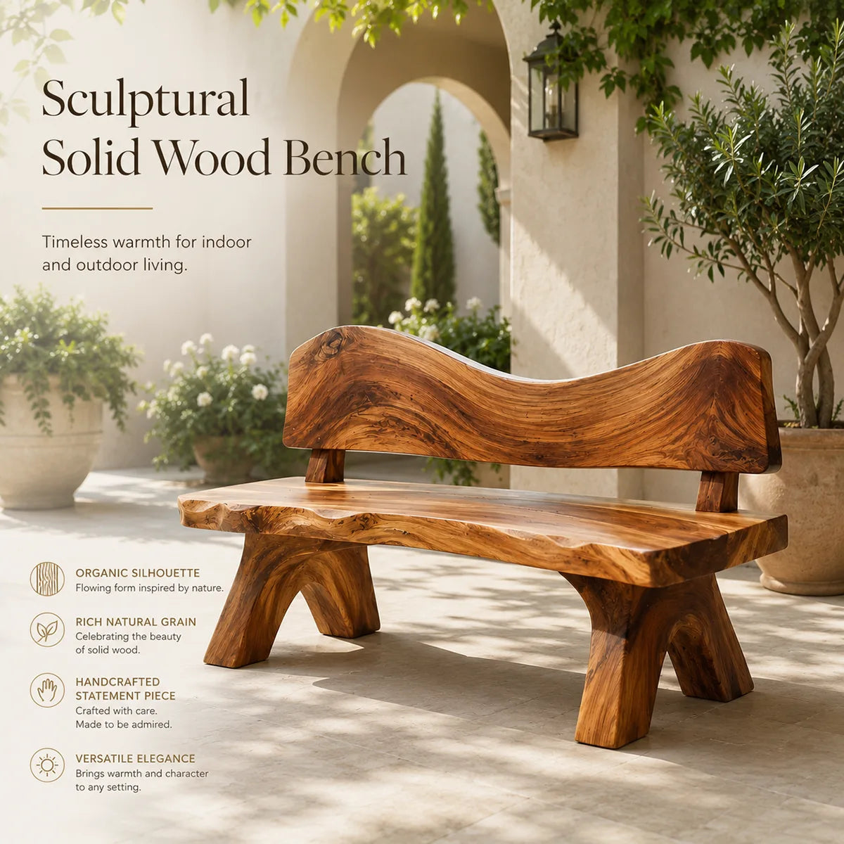 Live Edge Solid Wood Bench | Handcrafted Rustic Wooden Garden & Entryway Bench TT006-3769