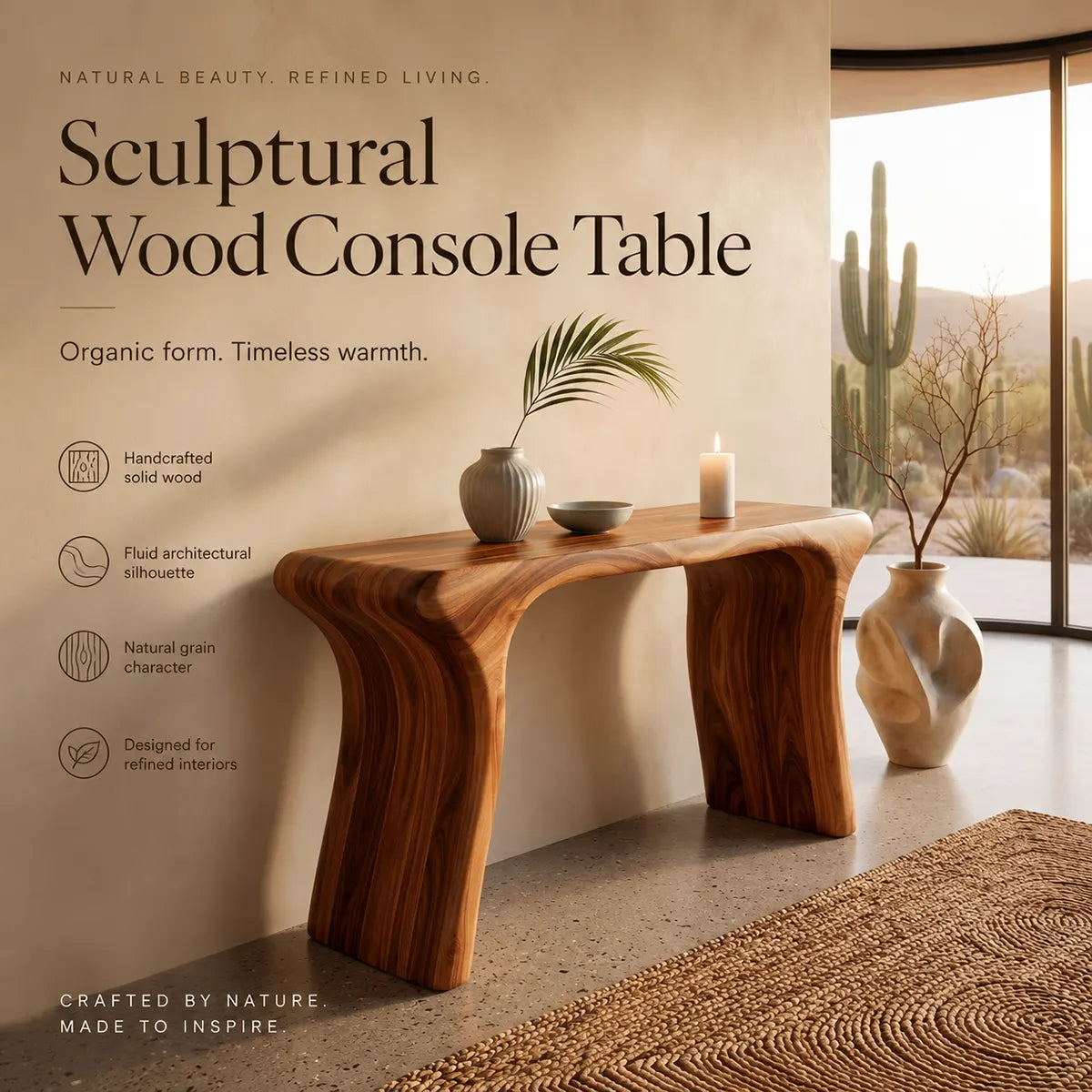 Modern Organic Console Table | Solid Wood Entryway Hallway Accent Table with Curved Waterfall Legs TT006-6928