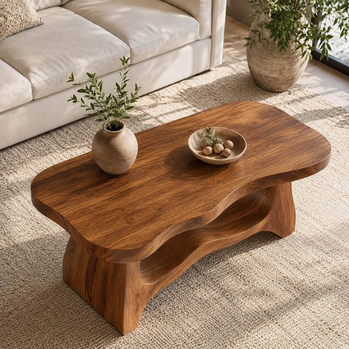 Handcrafted Solid Wood Coffee Table with Sculptural Open Shelf TT006-4759