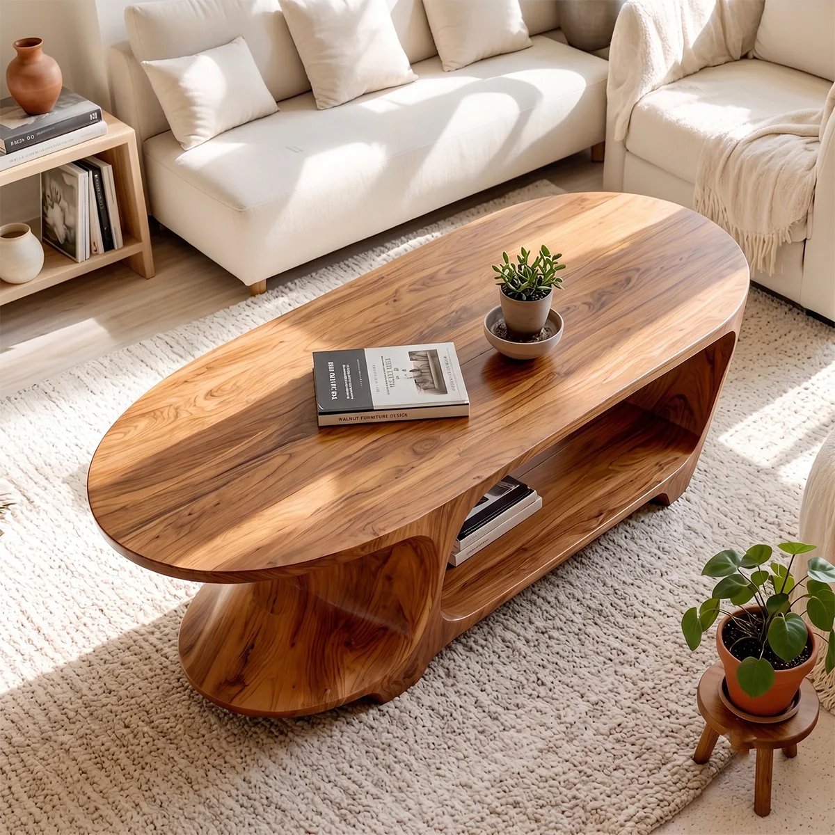 Oval Coffee Table with Storage Shelf | Handcrafted Solid Wood Center Table TT006-2530