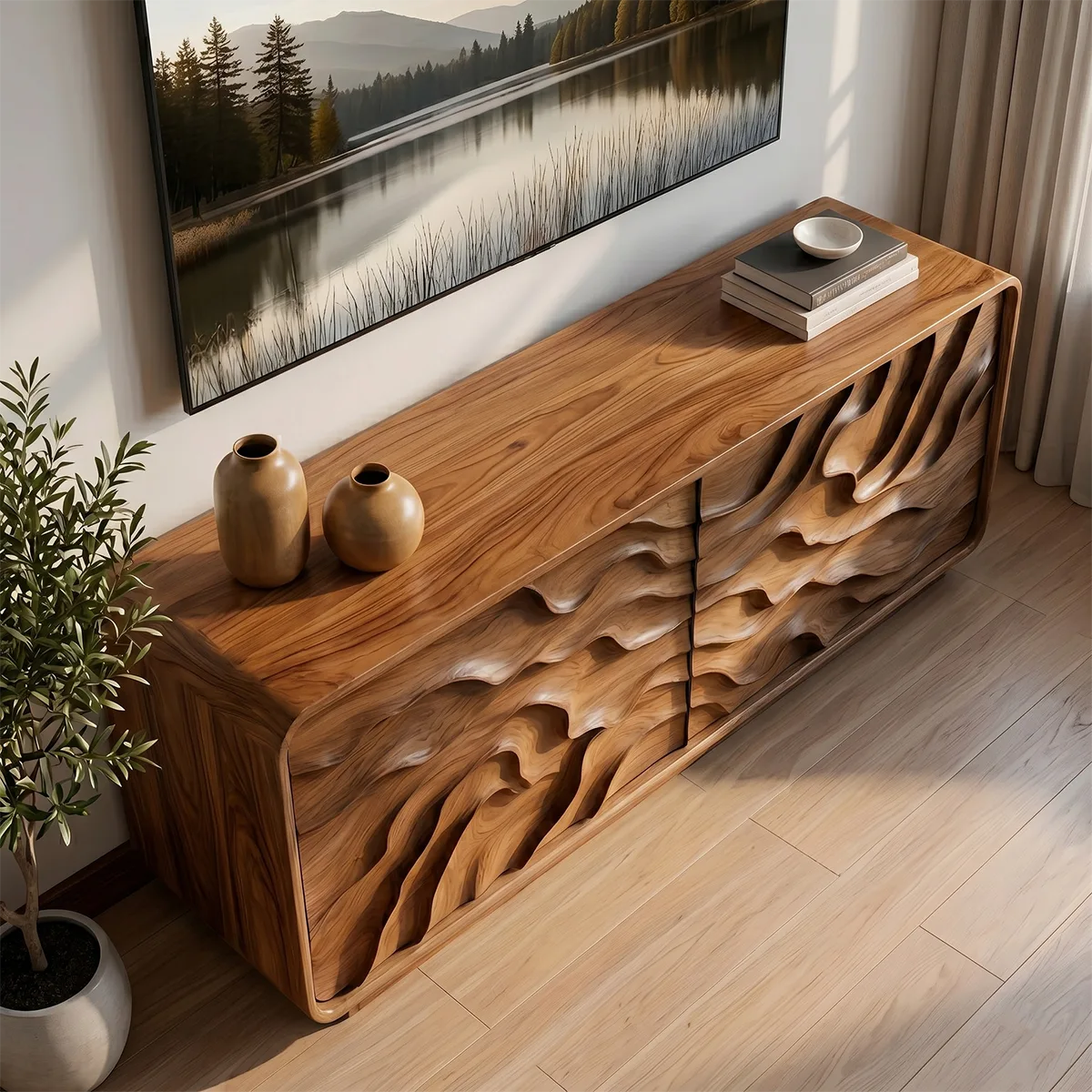 Modern Solid Wood Rounded TV Stand with Deep Wavy Sculptural Facade