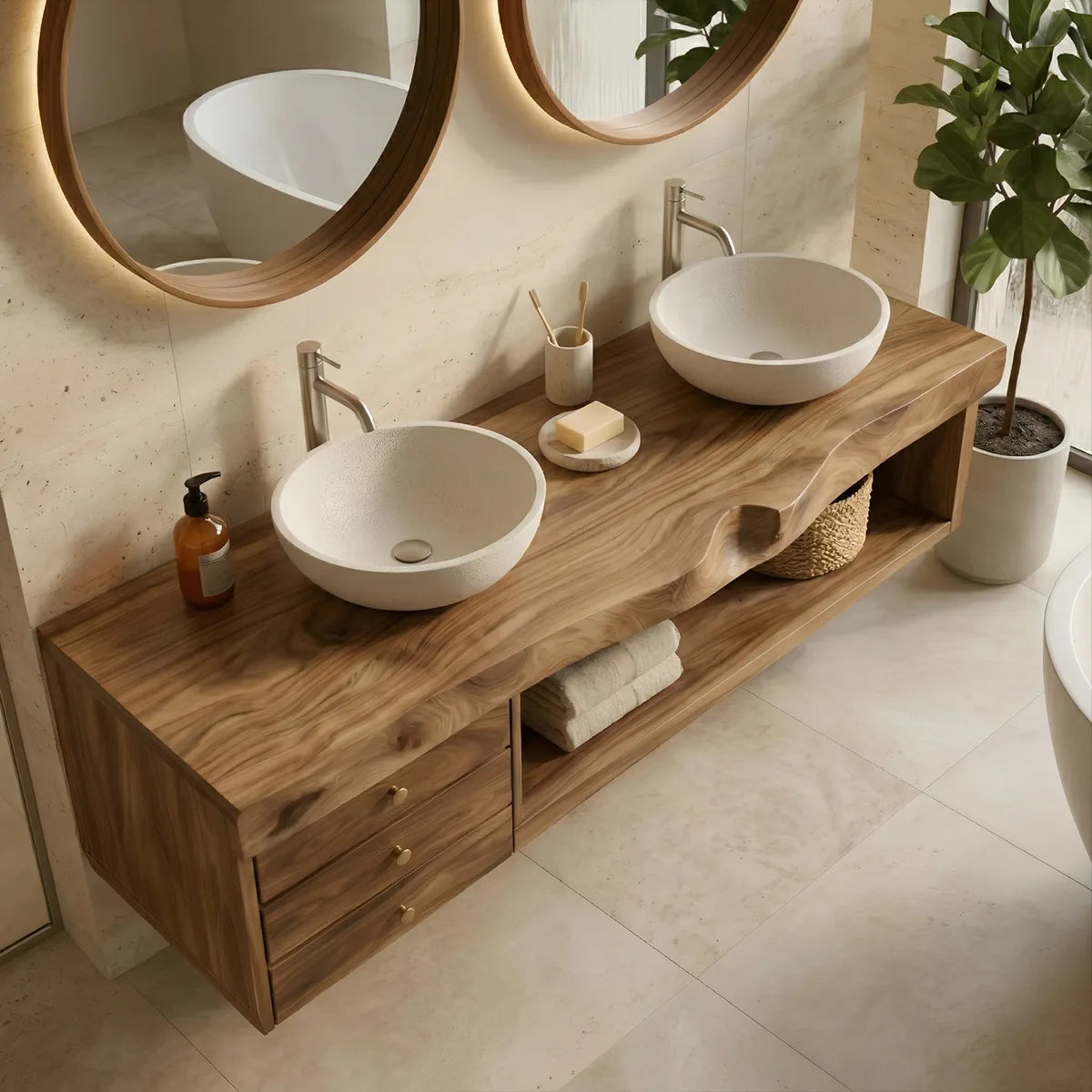 Floating Solid Wood Double Sink Bathroom Vanity with 3 Drawers and Open Shelf