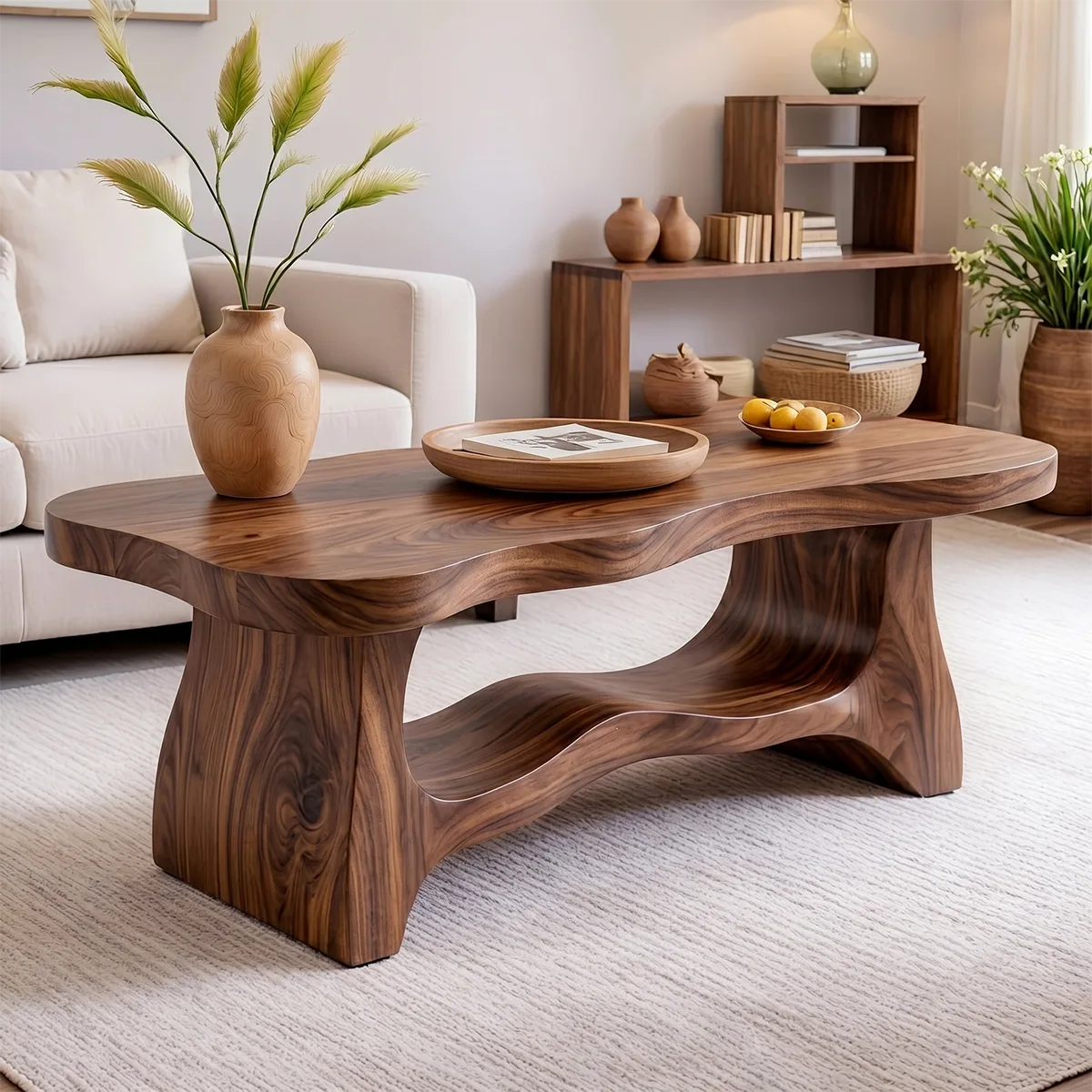 Handcrafted Solid Wood Coffee Table with Sculptural Open Shelf TT006-4759