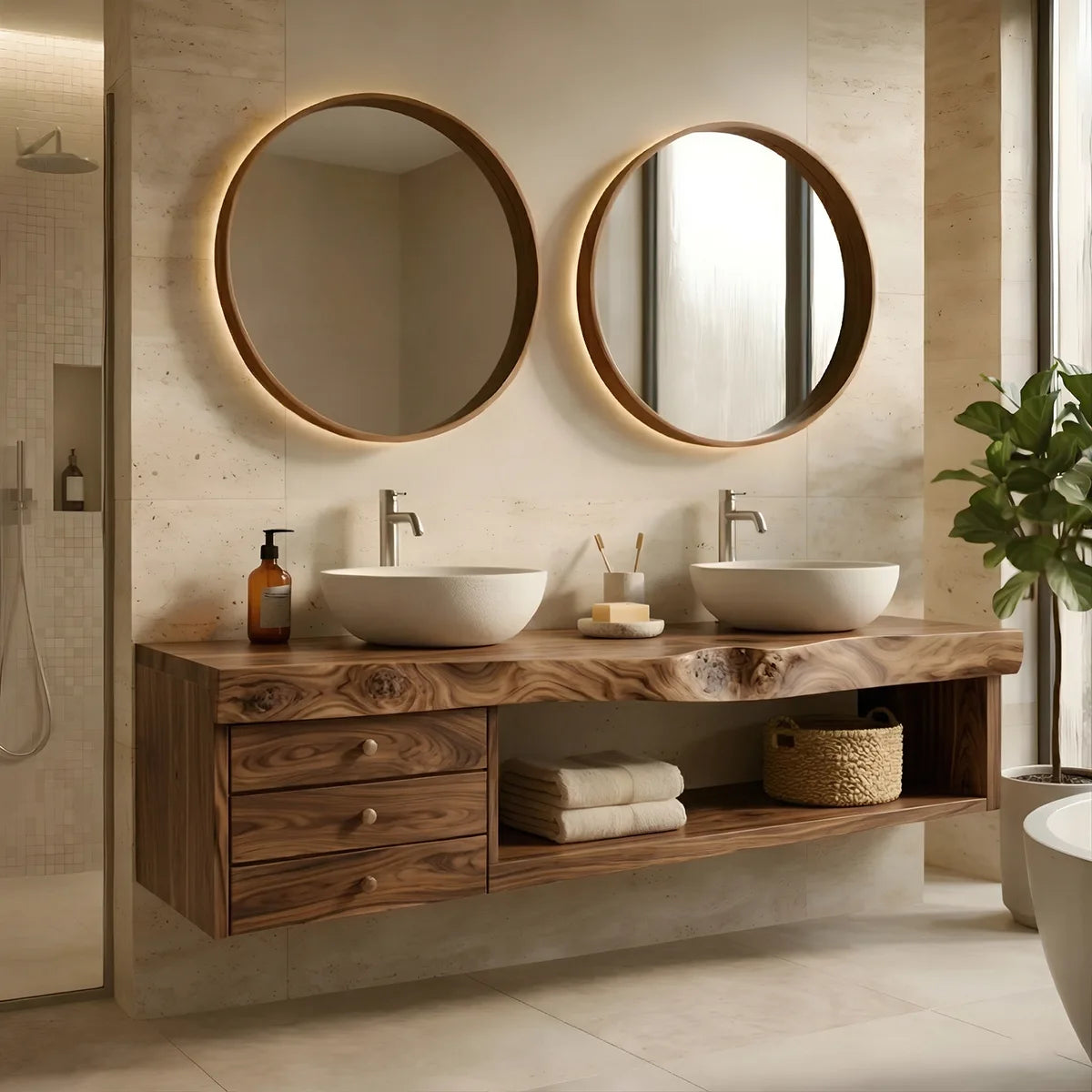Floating Solid Wood Double Sink Bathroom Vanity with 3 Drawers and Open Shelf