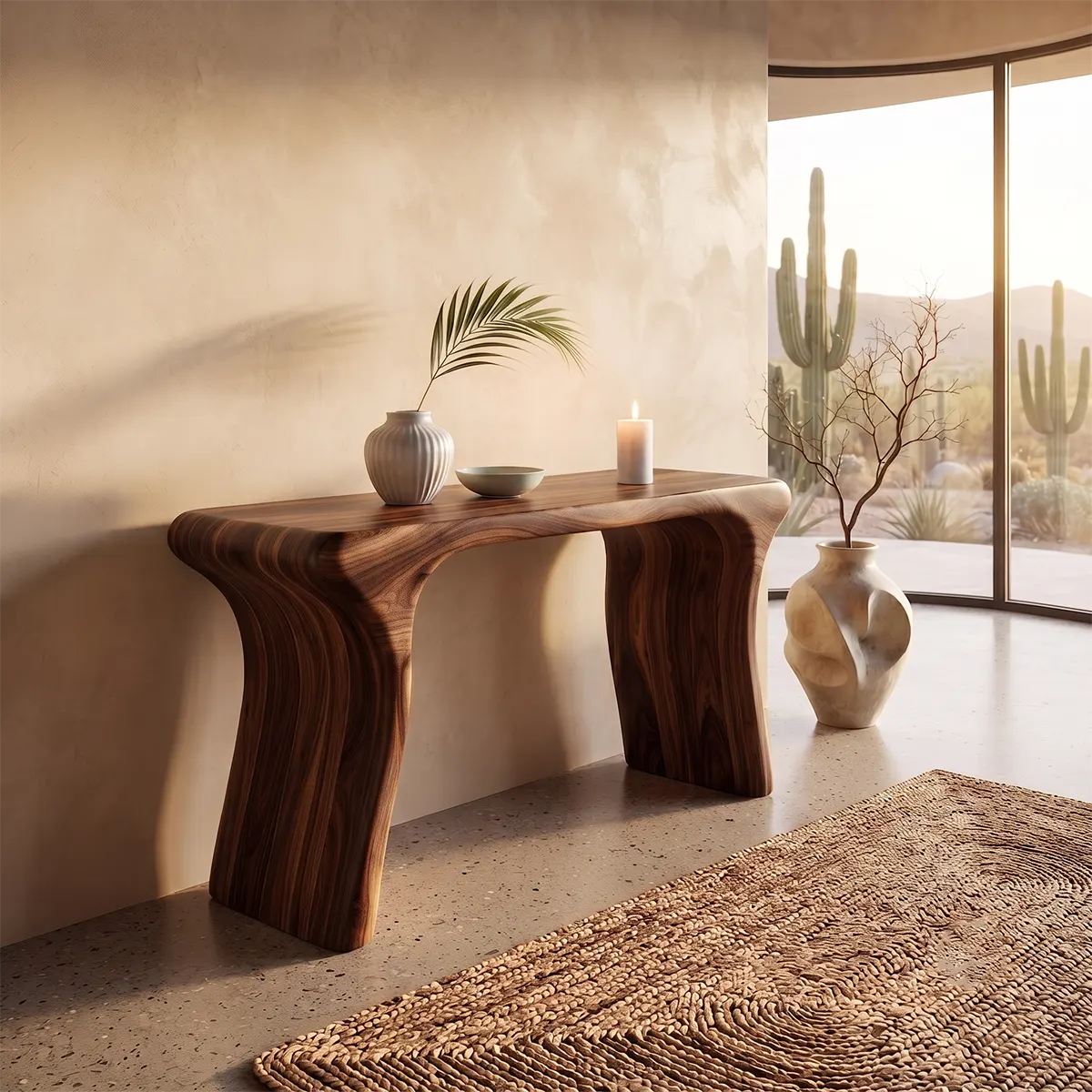 Modern Organic Console Table | Solid Wood Entryway Hallway Accent Table with Curved Waterfall Legs TT006-6928