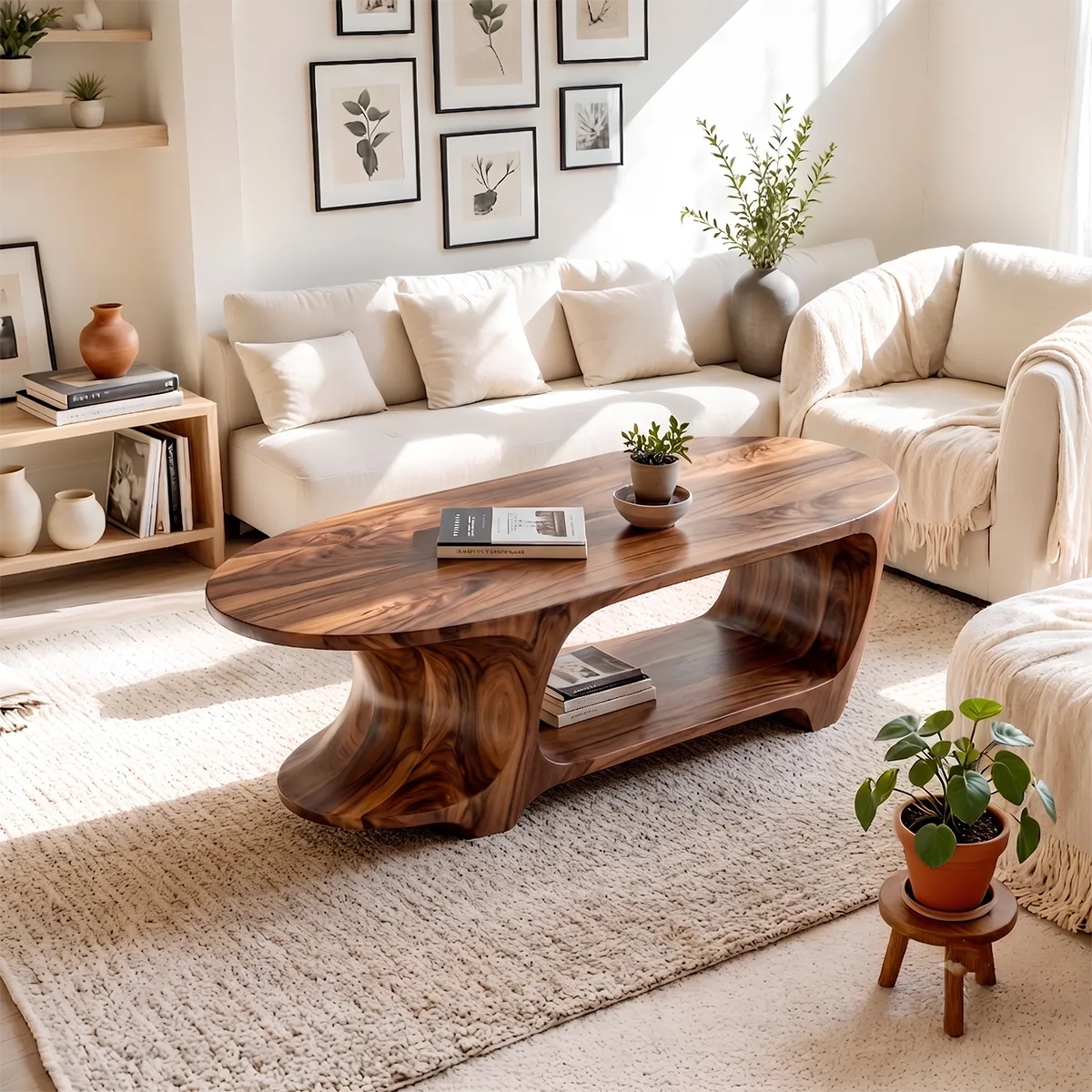 Oval Coffee Table with Storage Shelf | Handcrafted Solid Wood Center Table TT006-2530