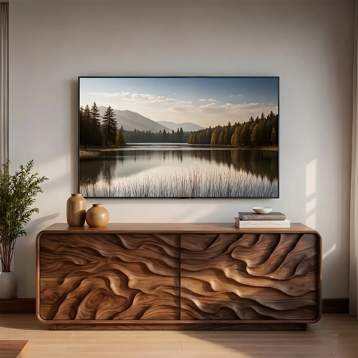 Modern Solid Wood Rounded TV Stand with Deep Wavy Sculptural Facade