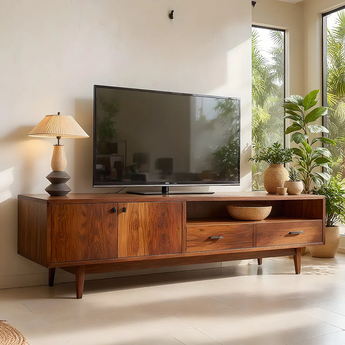 Mid Century Modern Solid Wood TV Stand with Mixed Storage