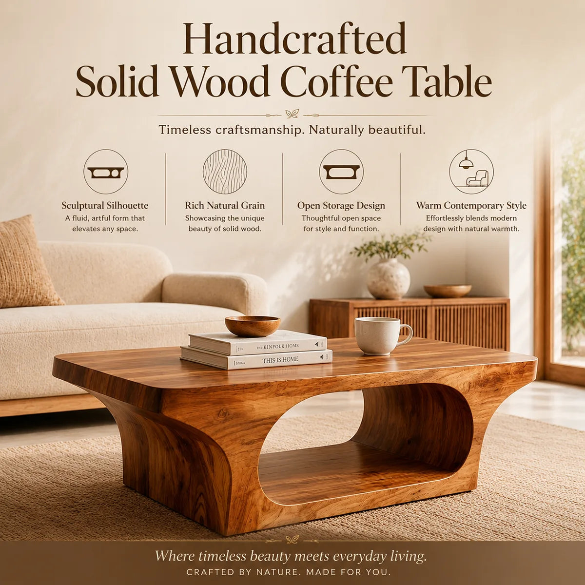 Modern Solid Wood Coffee Table with Sculptural Open Base TT006-6649