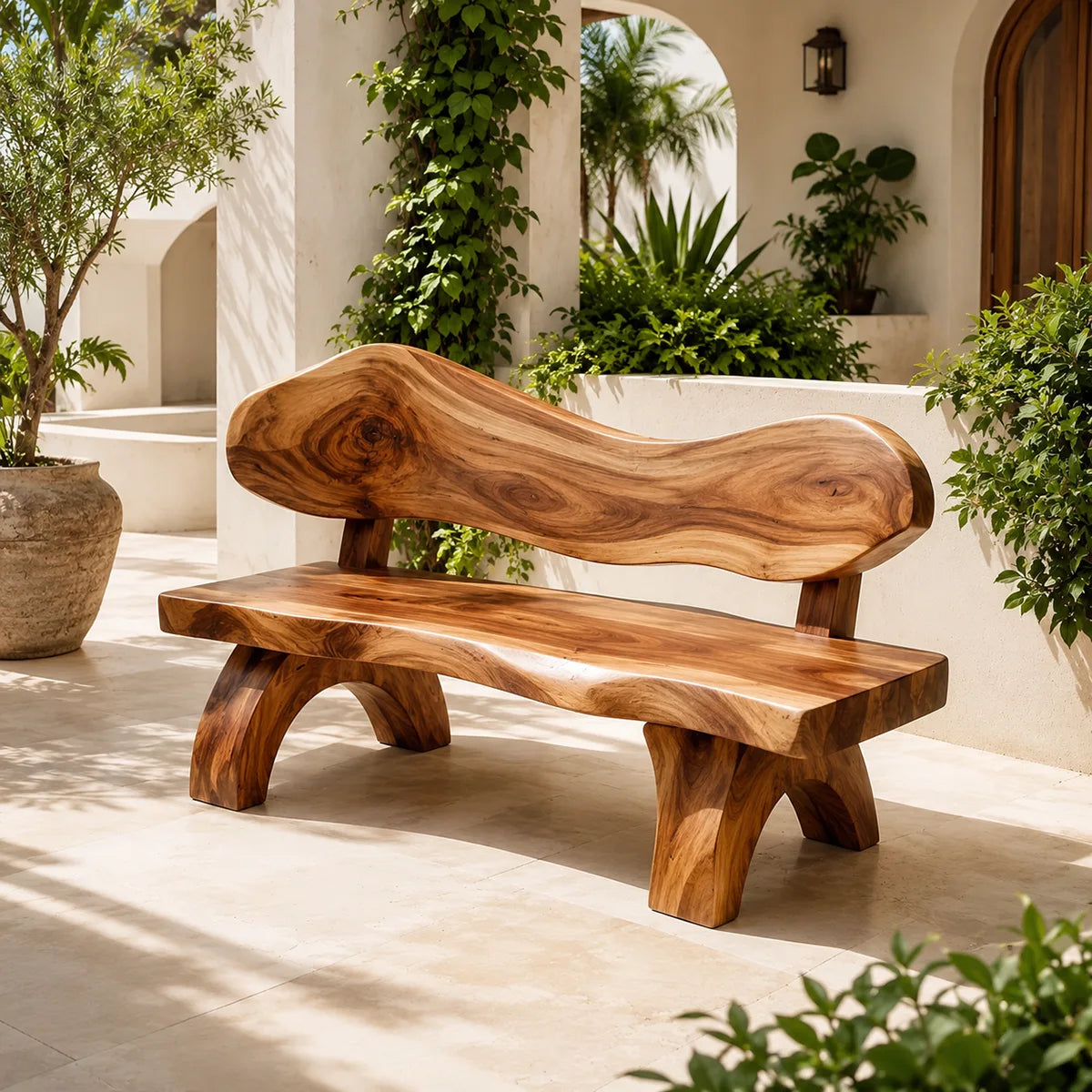Live Edge Solid Wood Bench | Handcrafted Rustic Wooden Bench with Sculpted Backrest TT006-3085