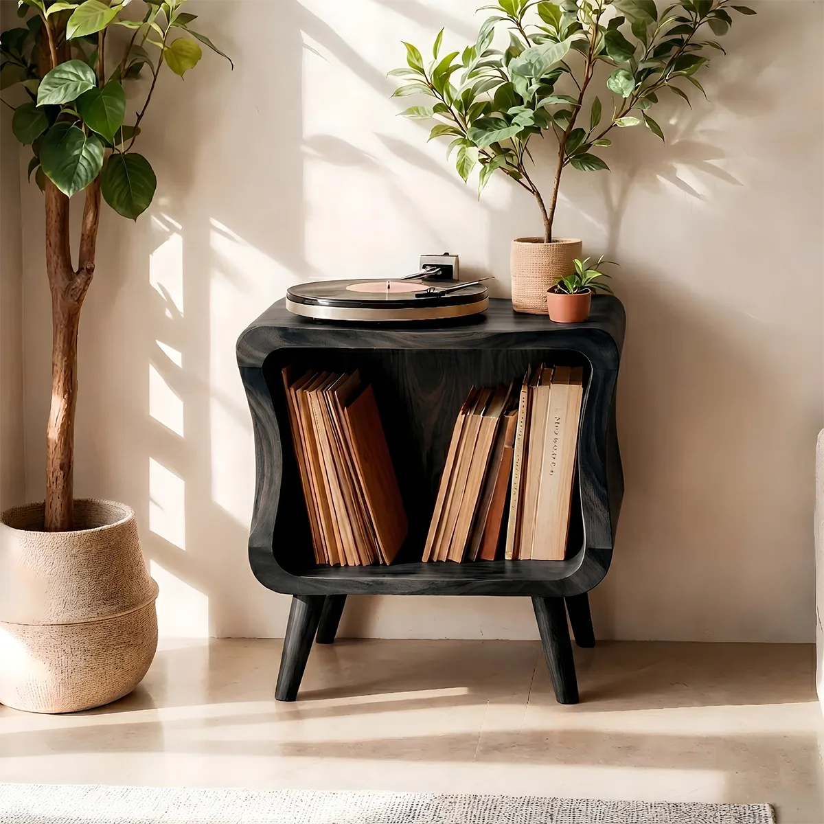 Curved Solid Wood Vinyl Storage Cabinet For Music Lover