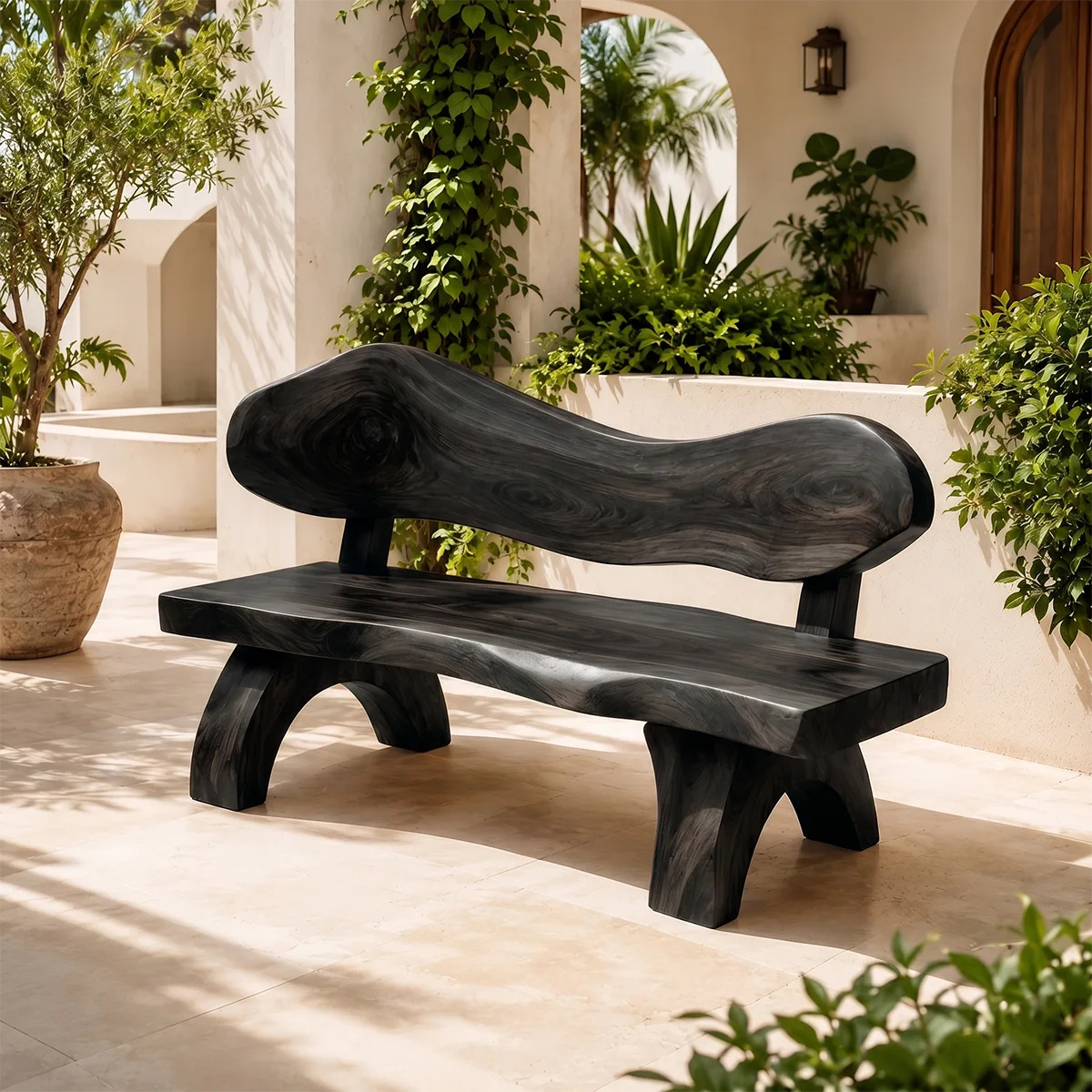 Live Edge Solid Wood Bench | Handcrafted Rustic Wooden Bench with Sculpted Backrest TT006-3085