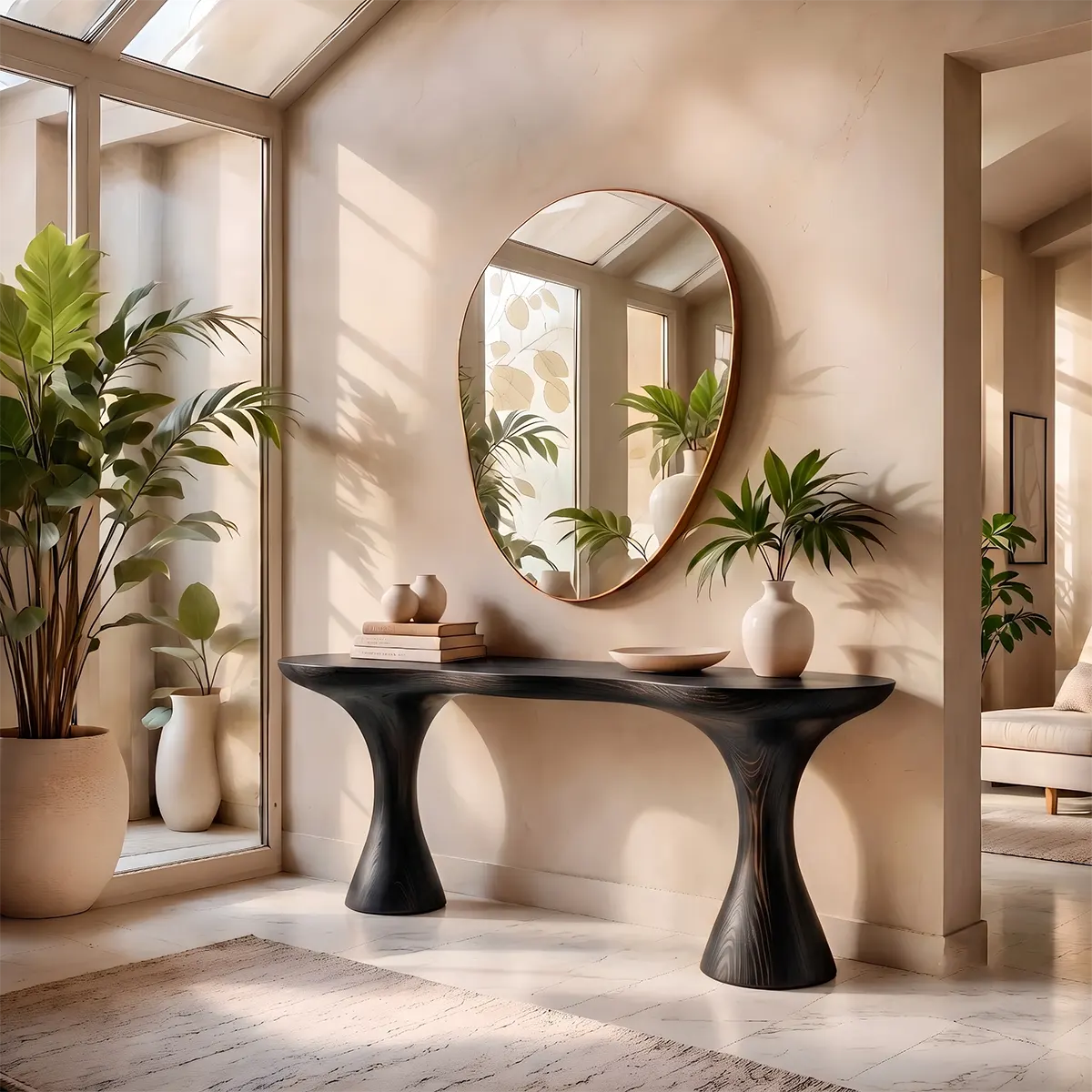 Modern Pedestal Console Table | Solid Wood Entryway Hallway Accent Table with Sculptural Tapered Base TT006-9355