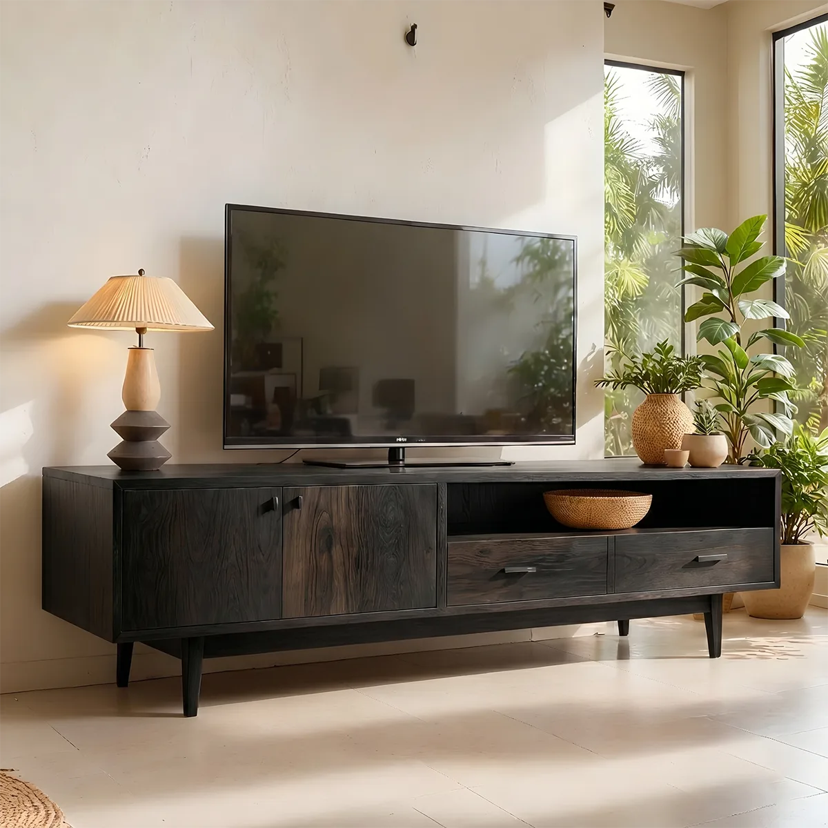 Mid Century Modern Solid Wood TV Stand with Mixed Storage