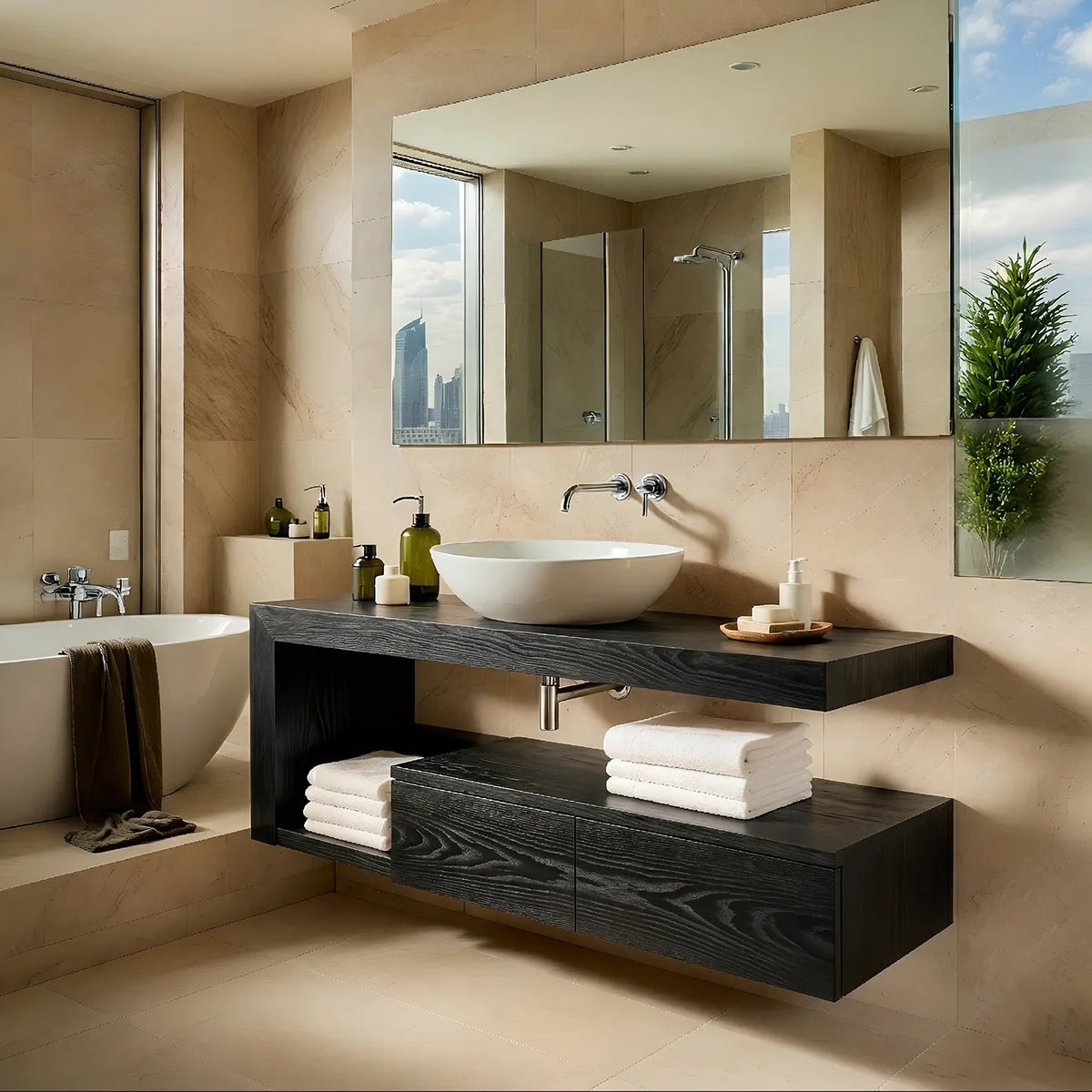 Floating Solid Wood Bathroom Vanity with Open Shelf and Lower Storage Cabinet