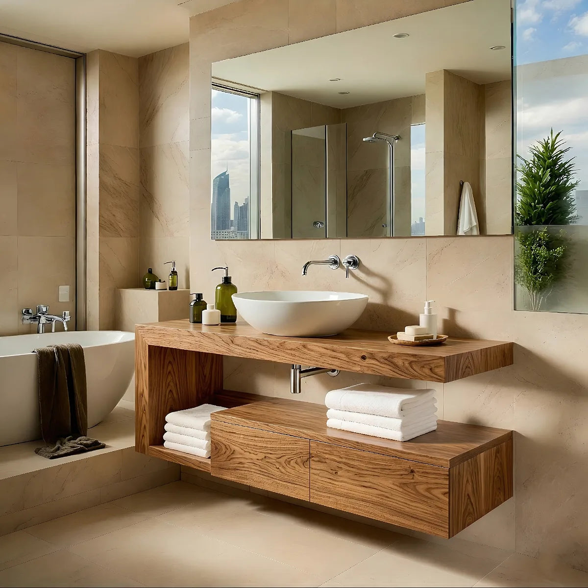 Floating Solid Wood Bathroom Vanity with Open Shelf and Lower Storage Cabinet