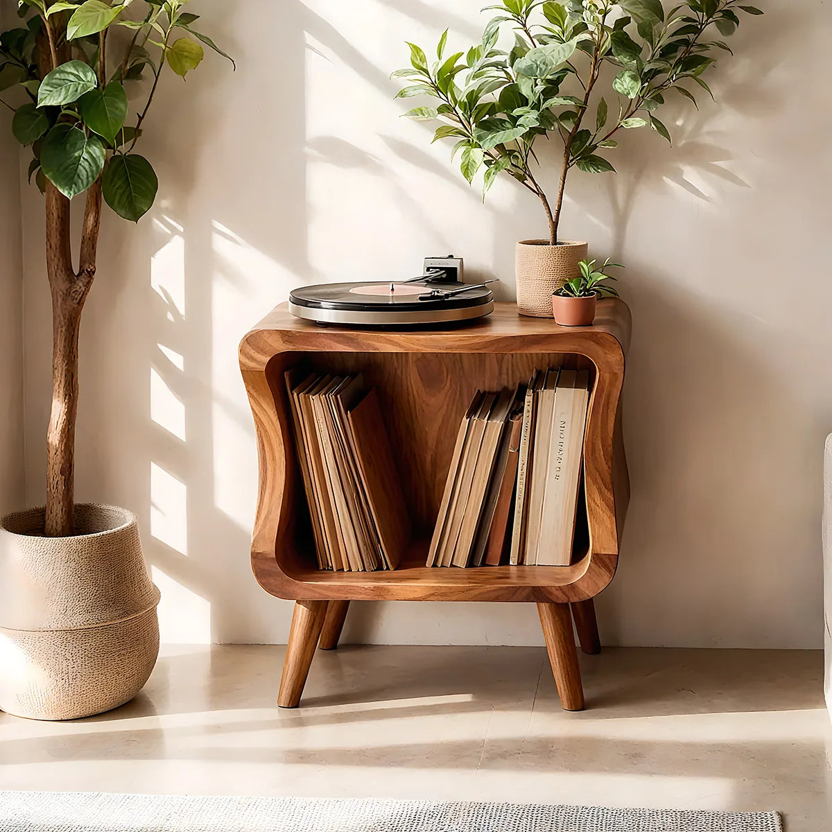 Curved Solid Wood Vinyl Storage Cabinet For Music Lover