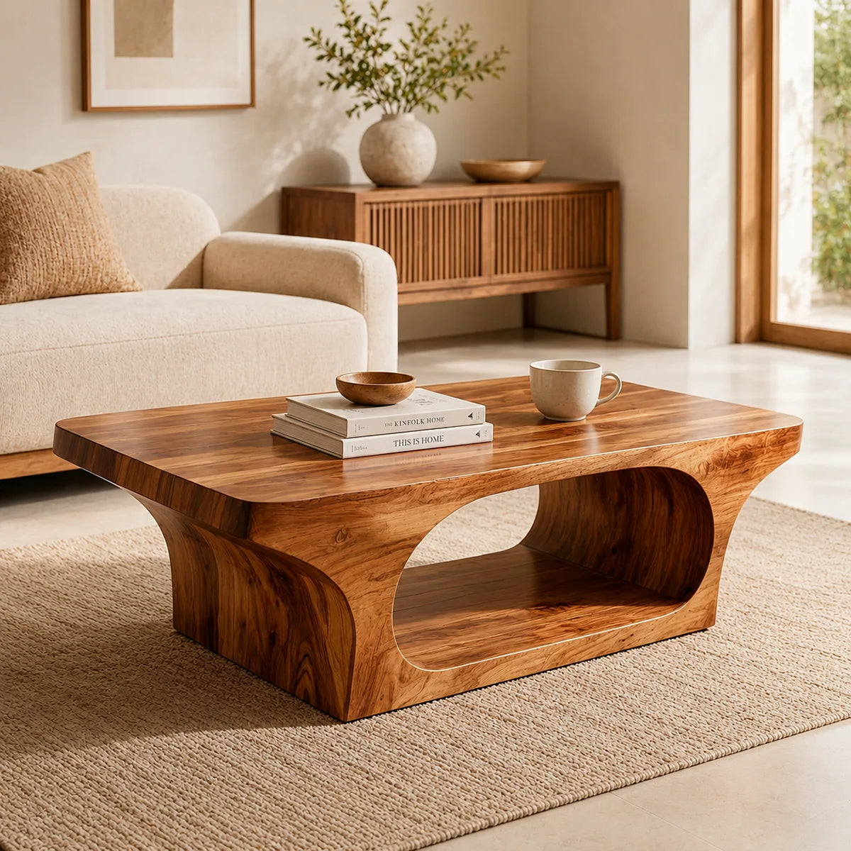 Modern Solid Wood Coffee Table with Sculptural Open Base TT006-6649